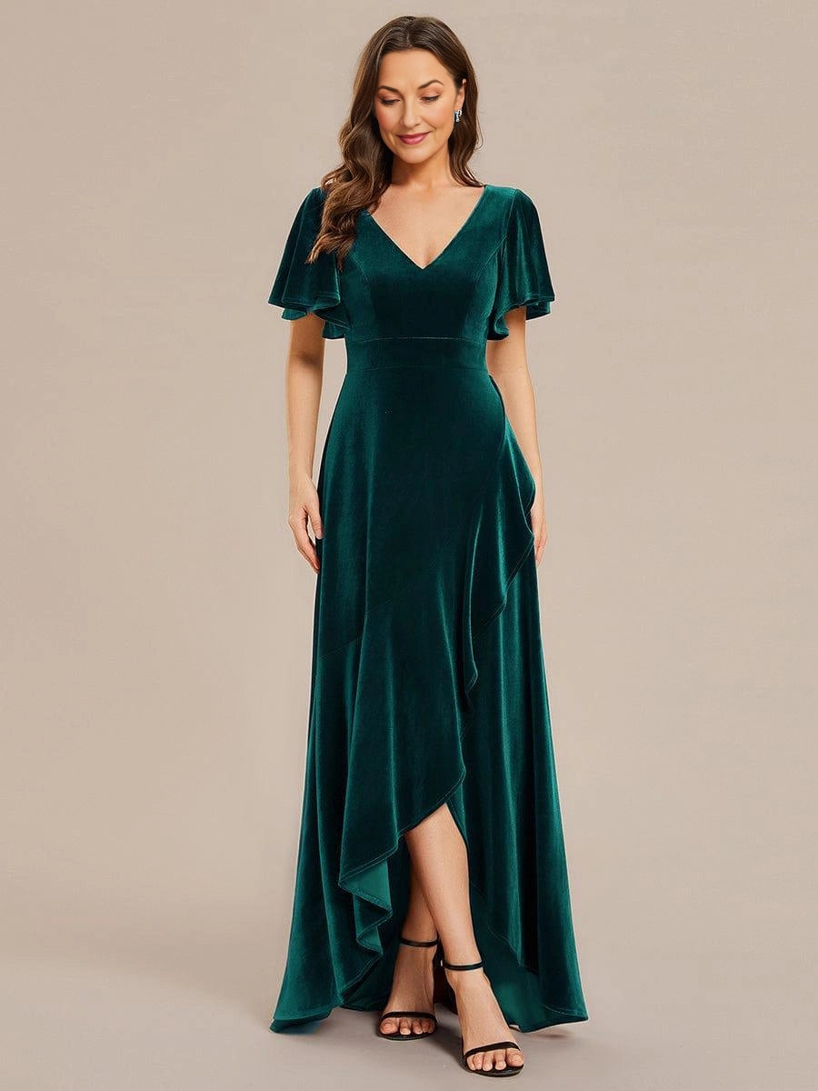 Navy‑Blue A‑Line V‑Neck Flutter‑Sleeve V‑Back High‑Low Mother Of The Bride Dress