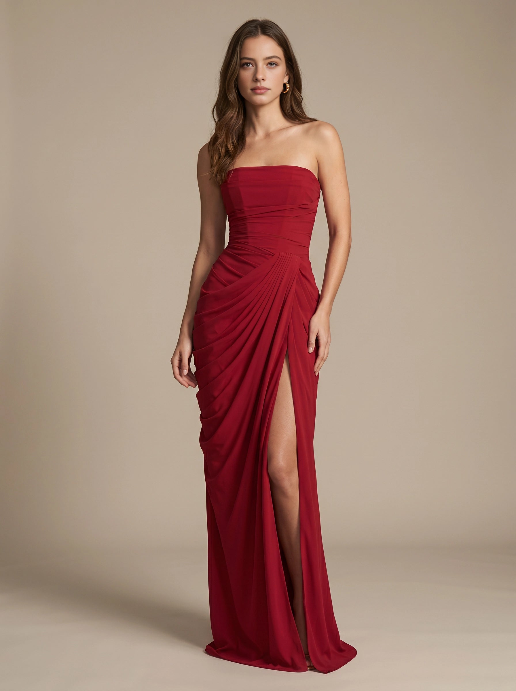 Pale‑Yellow Mermaid Strapless Draped Lace‑Up‑Back Slit Bridesmaid Dress