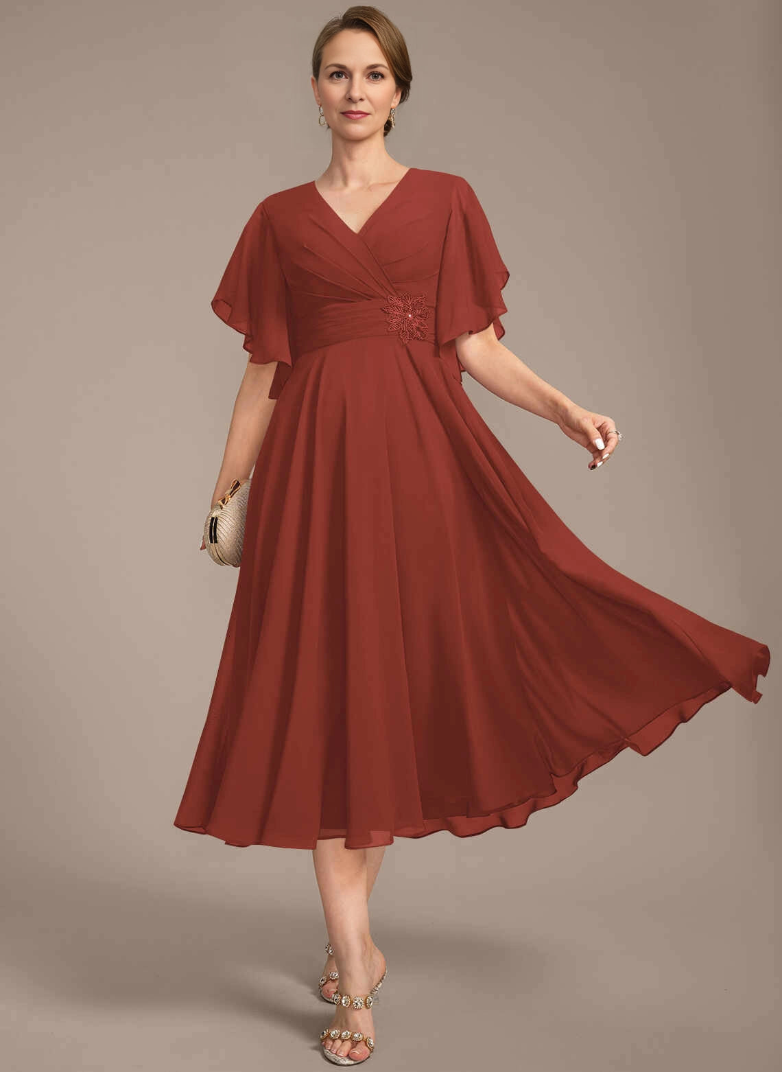 Modest A‑Line V‑Neck Flutter Sleeve Zipper Back Midi Mother Of The Bride Dress