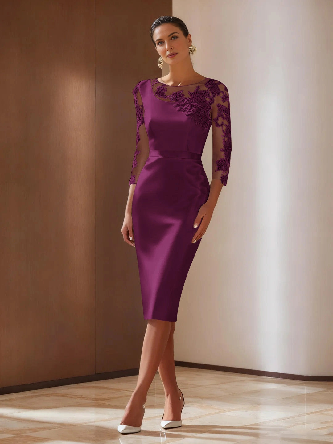 Sophisticated A‑Line Lapel‑V 3/4‑Sleeve Tie‑Back Midi Mother Of The Bride Dress