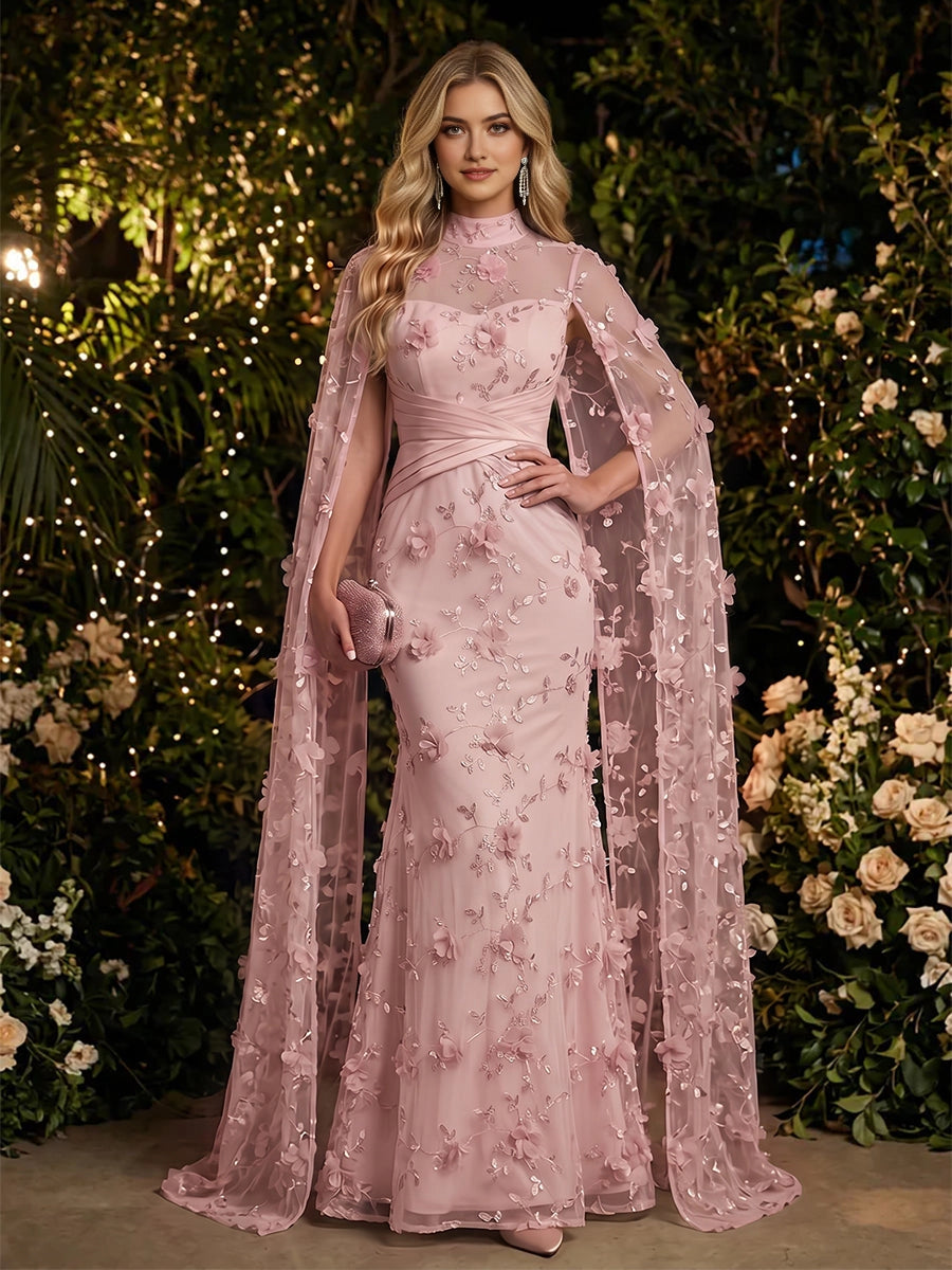 Mermaid High‑Neck Cape‑Sleeve Zip‑Back Floor‑Length Prom Dress 