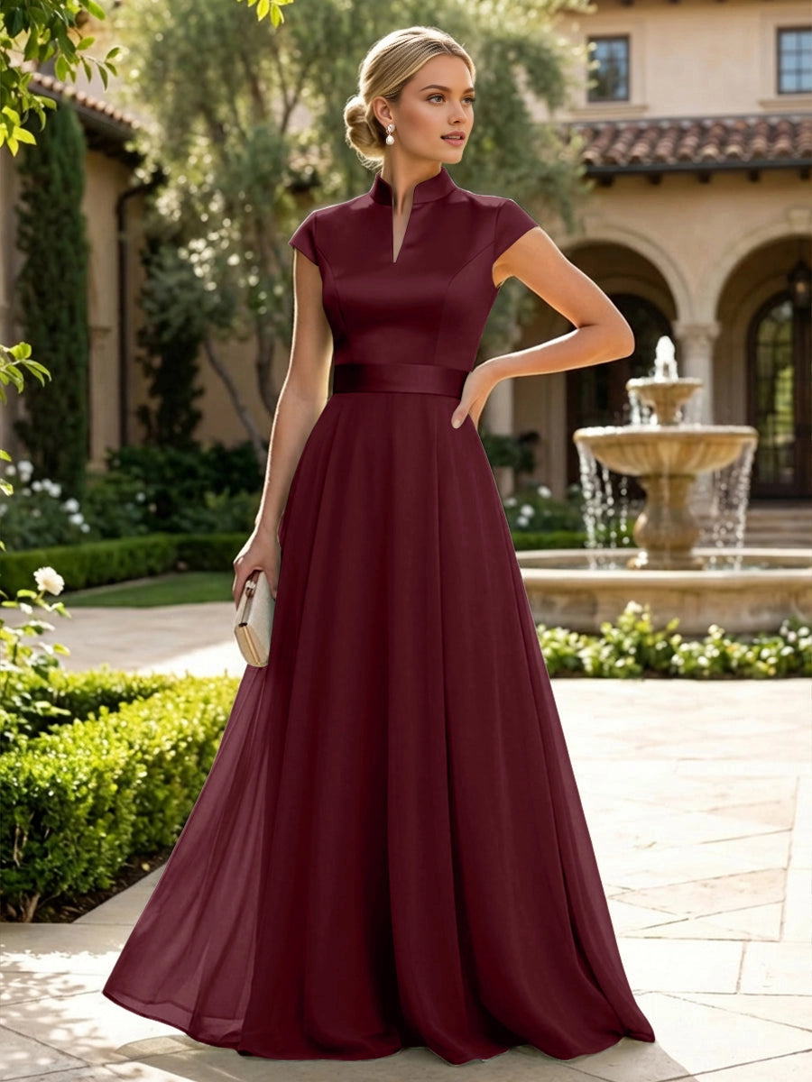 Elegant Sage A‑Line Stand‑Collar Cap‑Sleeve Zip‑Back Floor‑Length Mother Of The Bride Dress