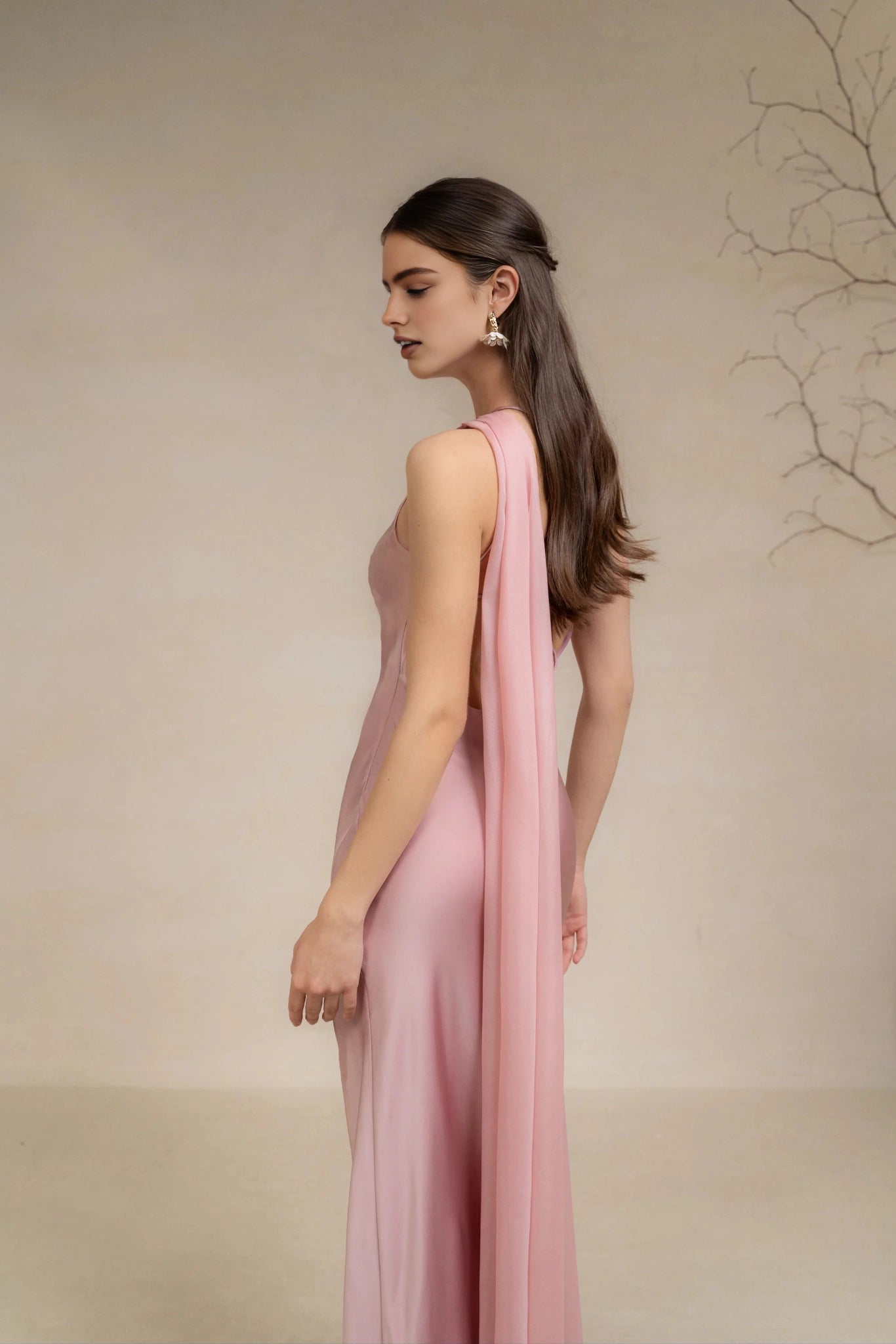 Satin Sheath One‑Shoulder Halter Tie‑Back Slit Maxi Prom Dress