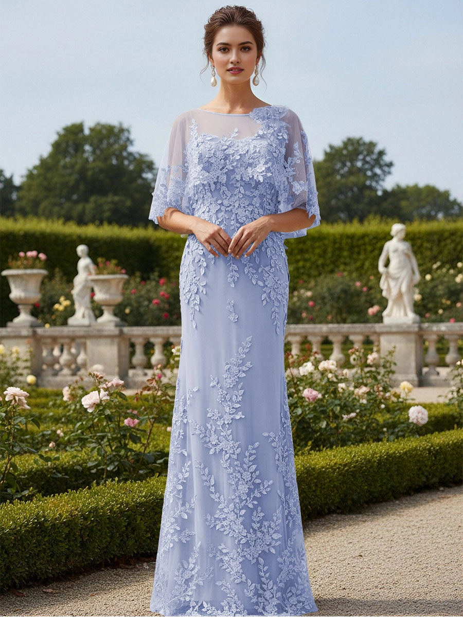 Luxury Mermaid Bateau‑Neck Cape‑Sleeve Sheer‑Back Maxi Mother Of Bride Dress