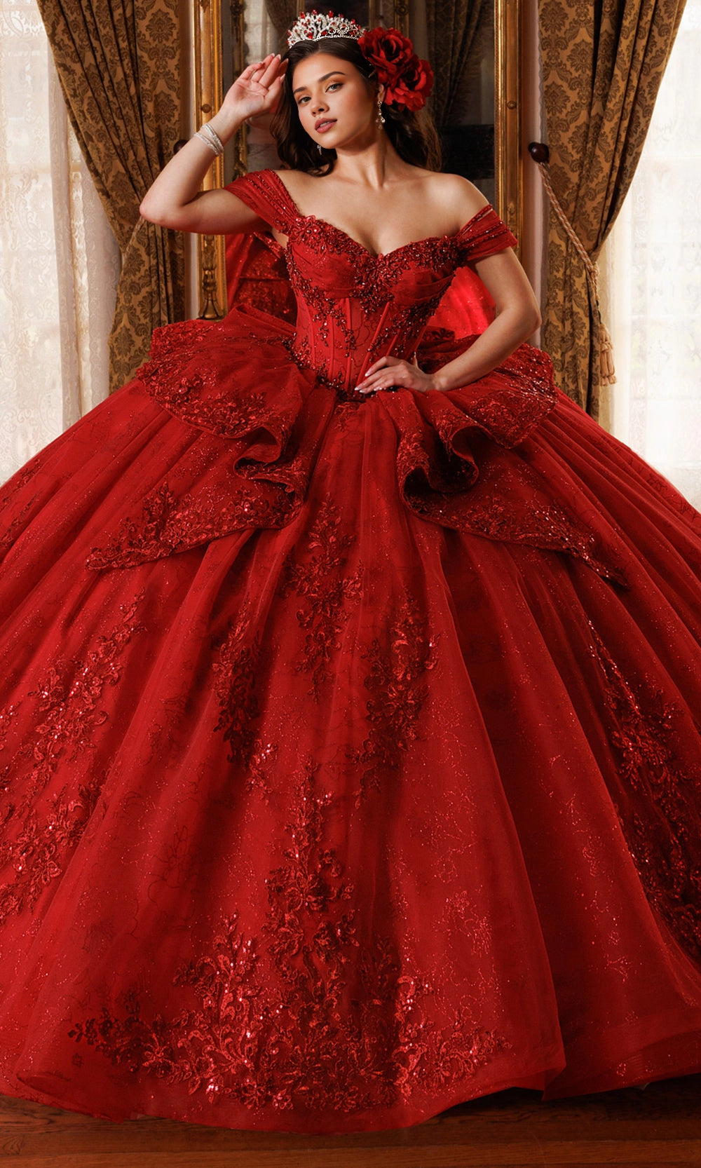 Luxury Ball Gown Off‑Shoulder Short Sleeve Lace‑Up Back Sweep Train Quinceanera Dress
