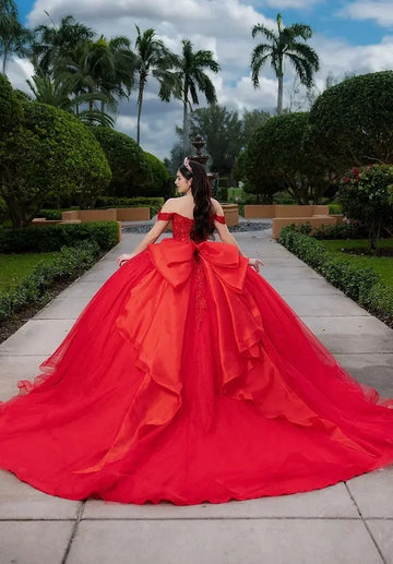 Vedress red quince gown lace-up corset back oversized statement satin bow layered ruffle glitter tulle long train back view