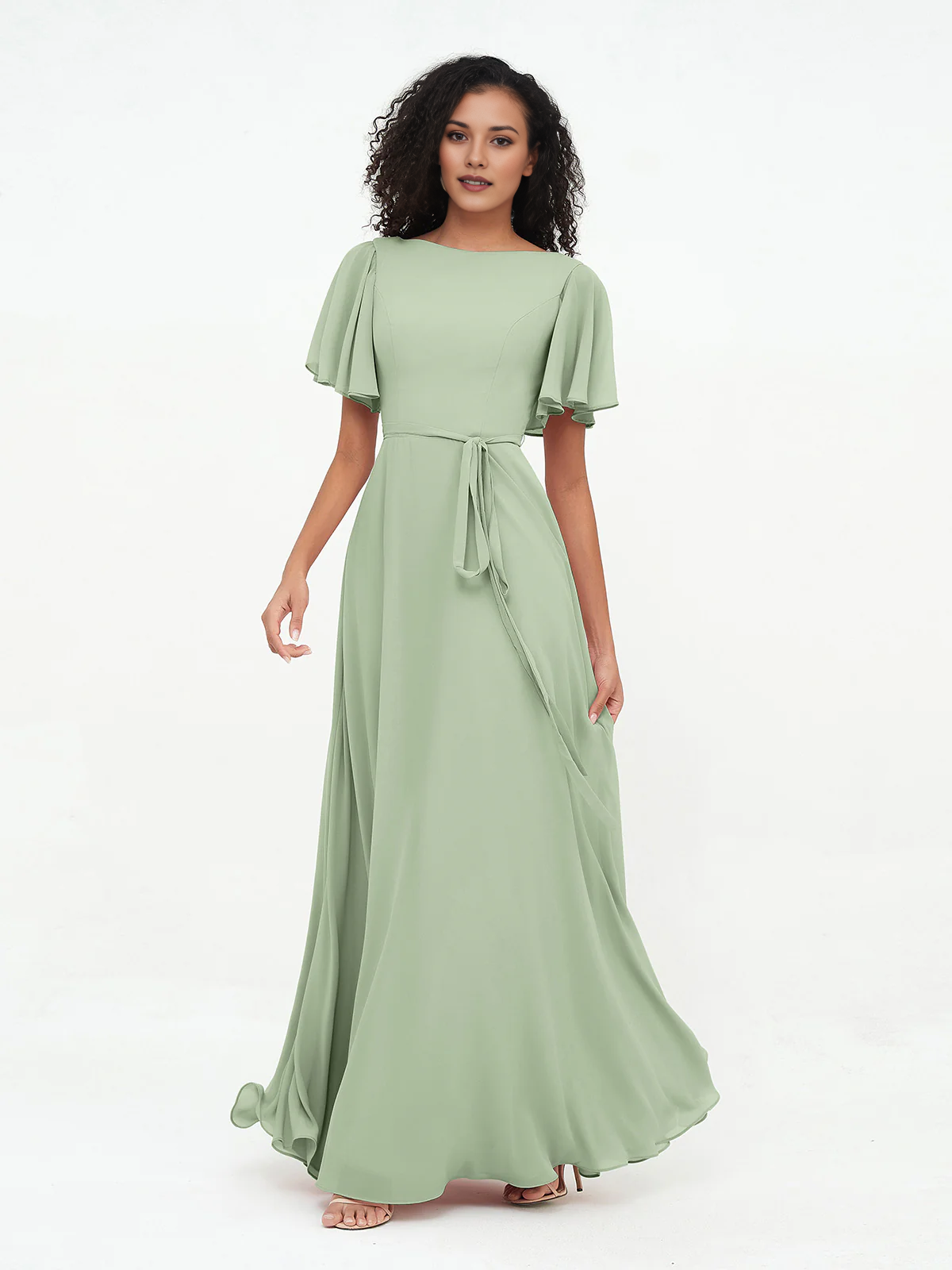 Boat Neck Flutter Sleeve Chiffon Maxi Bridesmaid Dress with Waist Tie