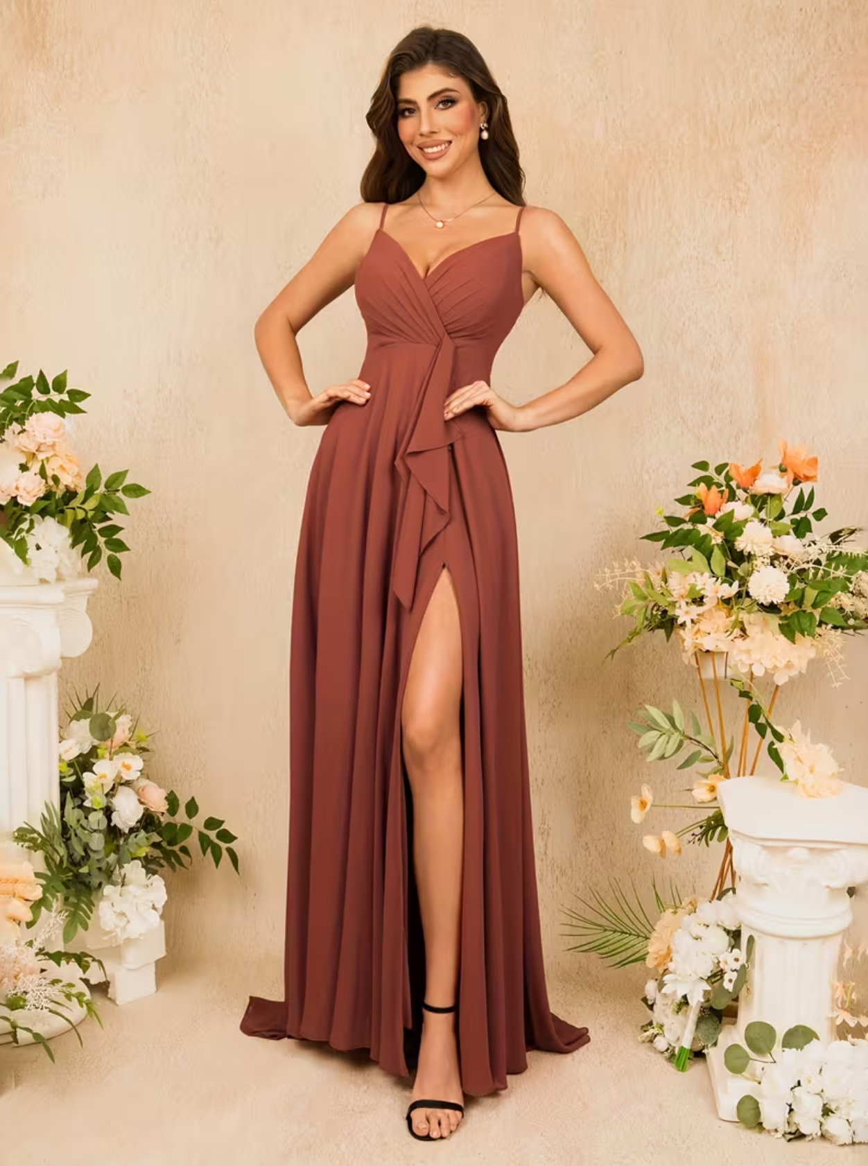 Vestido largo elegante con tirantes finos, cuello en V pronunciado y abertura para mujer, vestidos de noche formales, vestidos de dama de honor