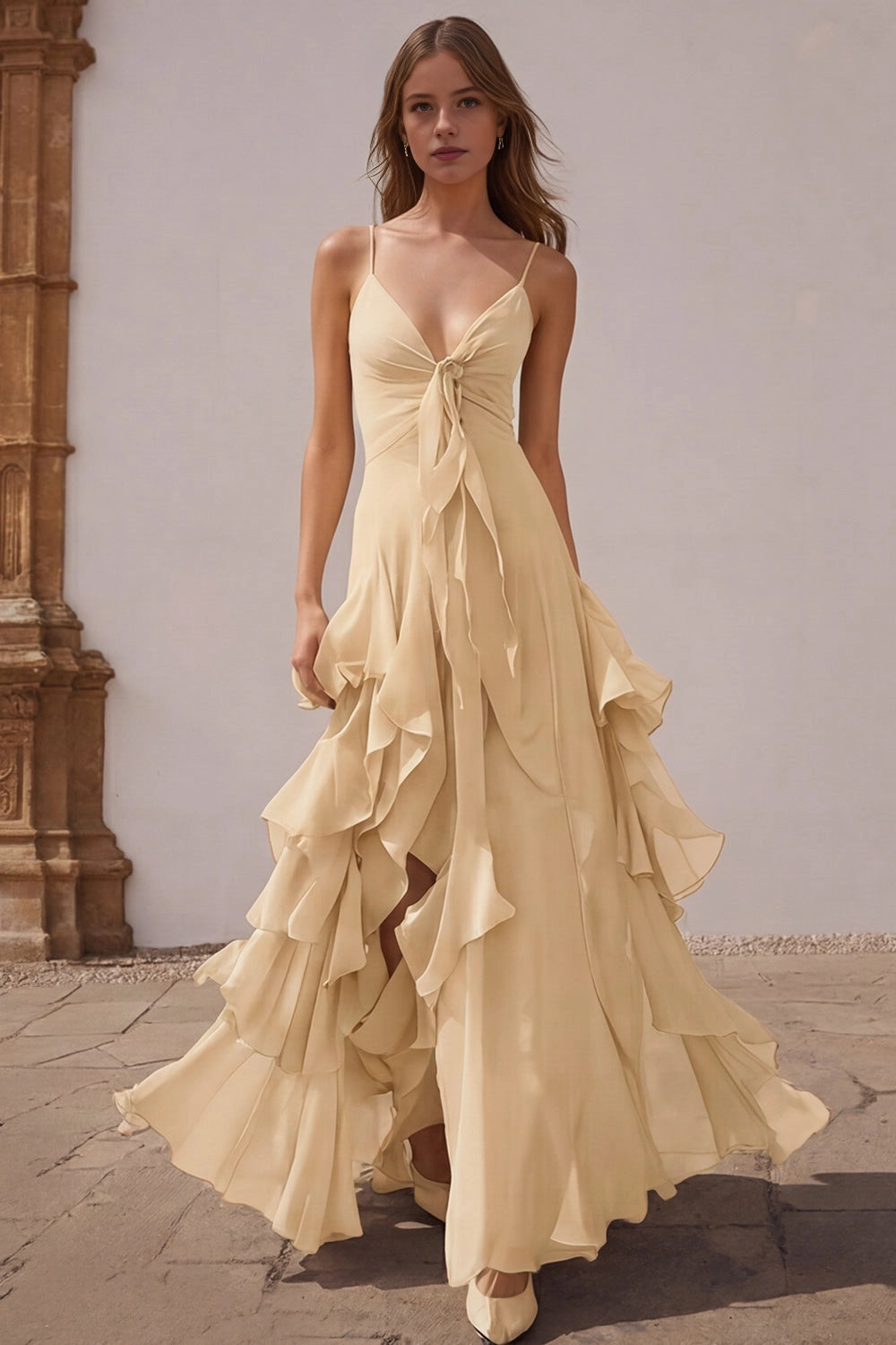 Airy A Line V Neck Straps Zip Back Ruffle Slit Maxi Wedding Guest Dress 