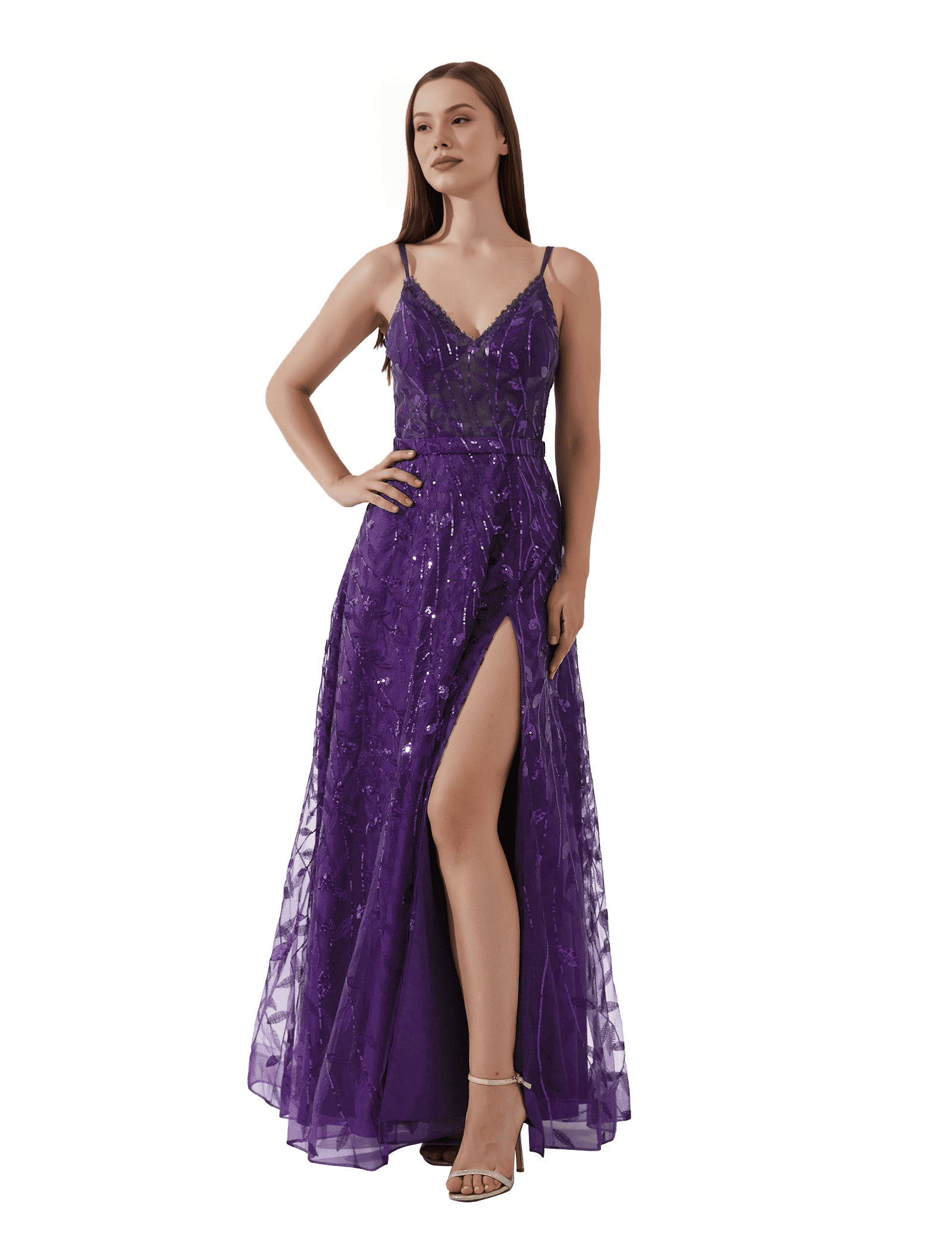 Vestido de noche largo con tirantes finos, cuello de pico, espalda descubierta, línea A y lentejuelas elegantes para baile de graduación