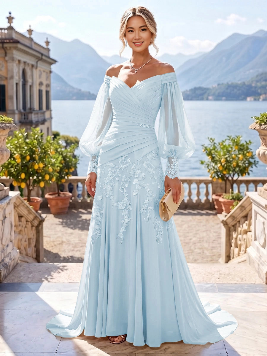 Romantic Mermaid Off-Shoulder Puff-Sleeve Zip-Back Sweep-Train Plus Size Mother of the Bride Dress