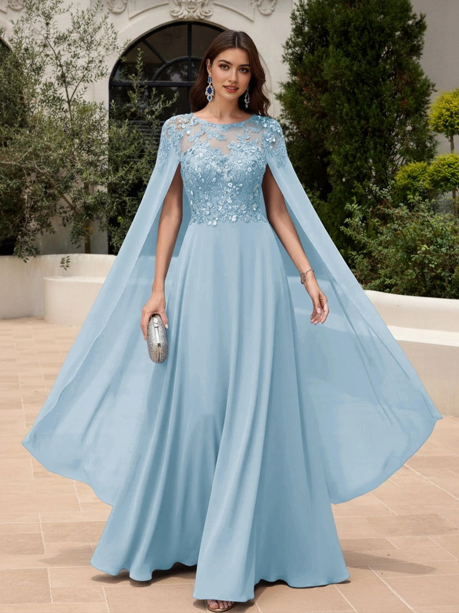Elegant A‑Line Illusion Neck Cape Sleeve Solid Back Floor‑Length Prom Dress 