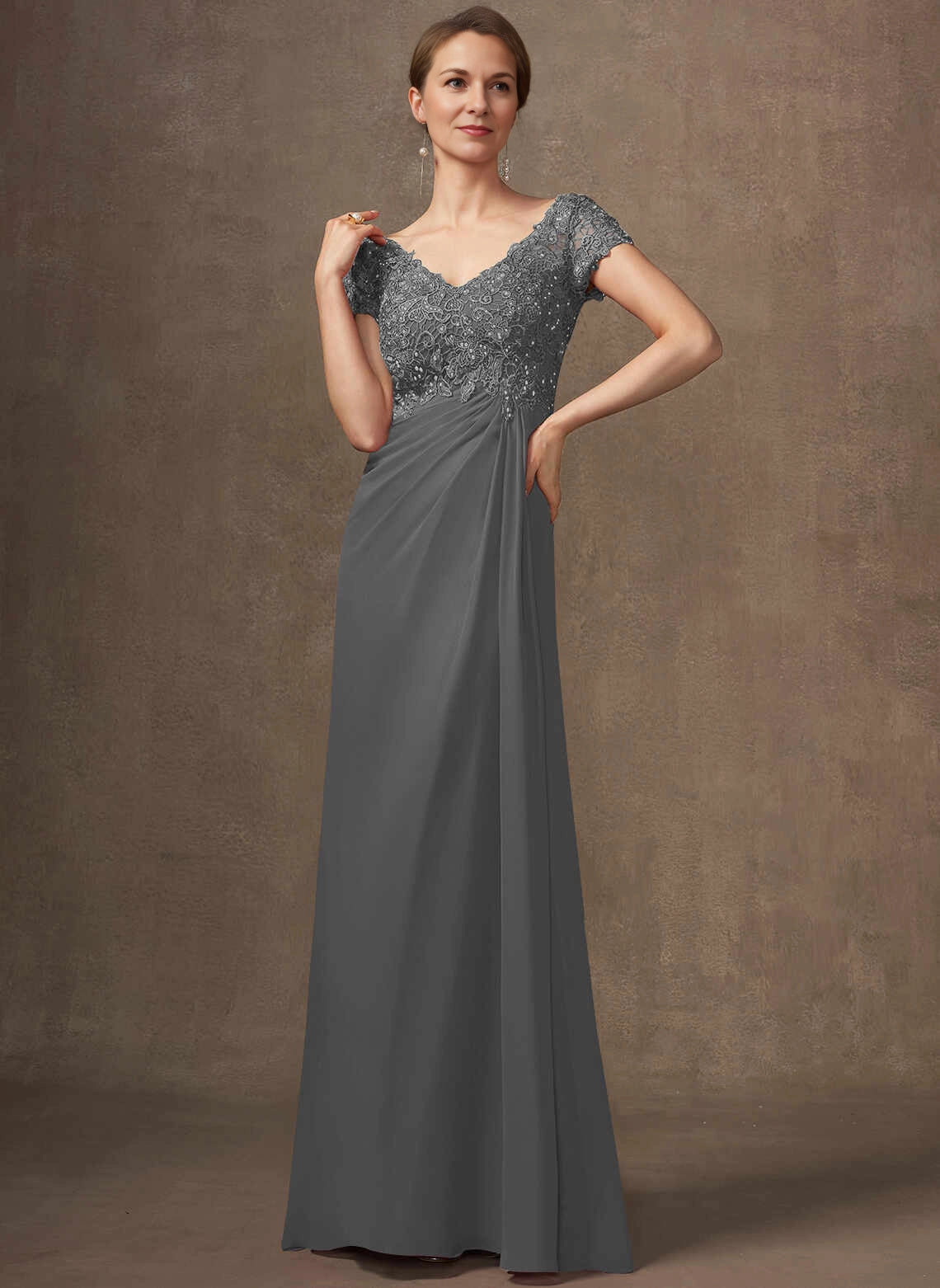 Elegant A‑Line V‑Neck Cap Sleeve Keyhole Back Floor‑Length Mother Of The Bride Dress