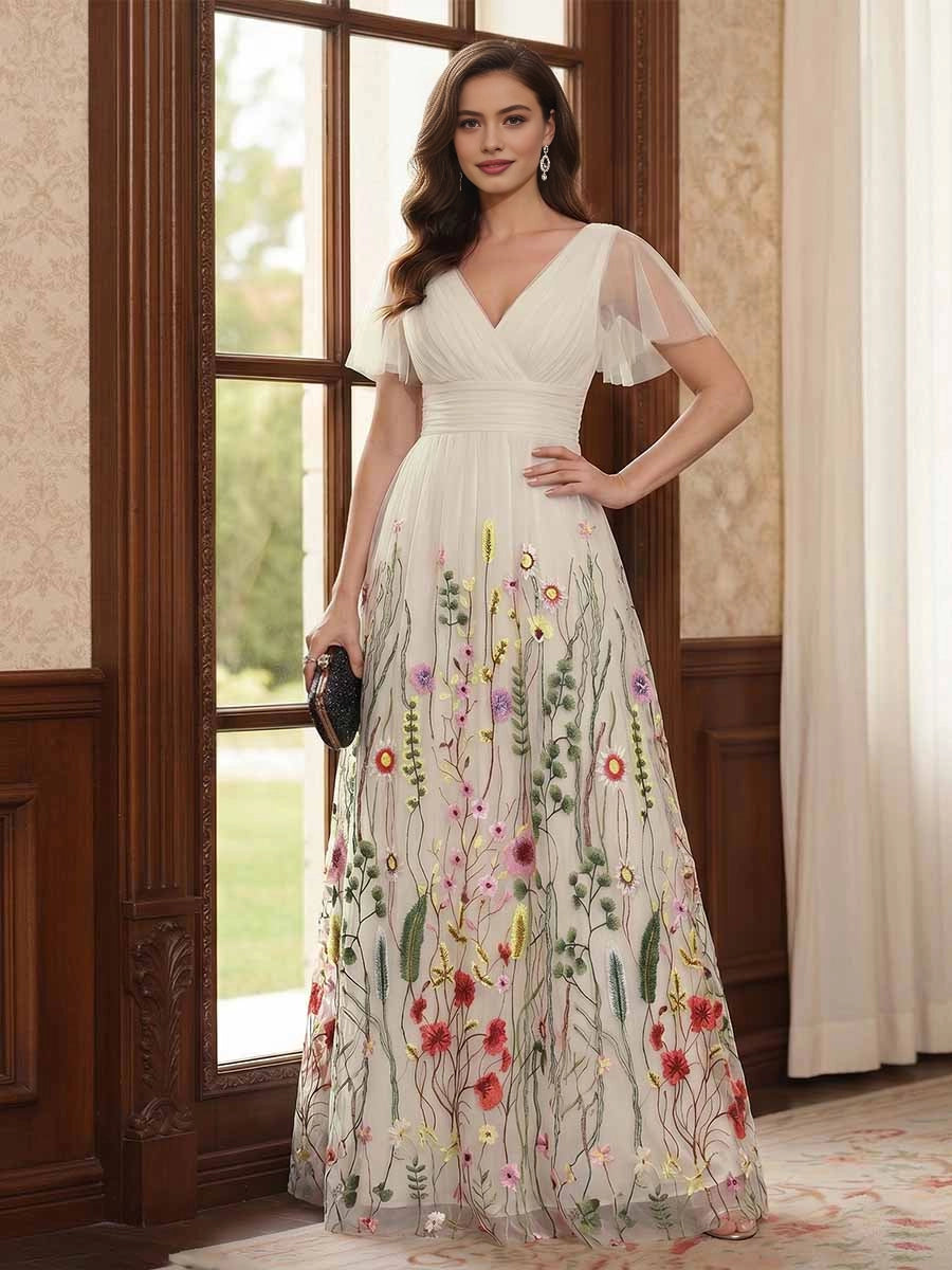 Gorgeous Black A‑Line V‑Neck Flutter‑Sleeve V‑Back Floor‑Length Floral Embroidered Mother Of The Bride Dress