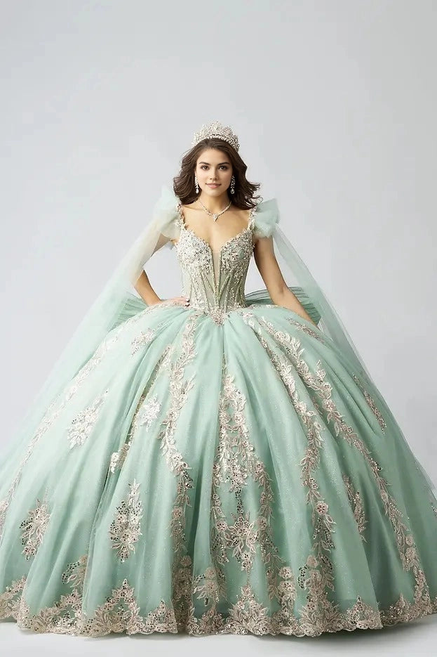 Ball Gown V Neck Tulle Strap Corset Back Train Quinceañera Dress