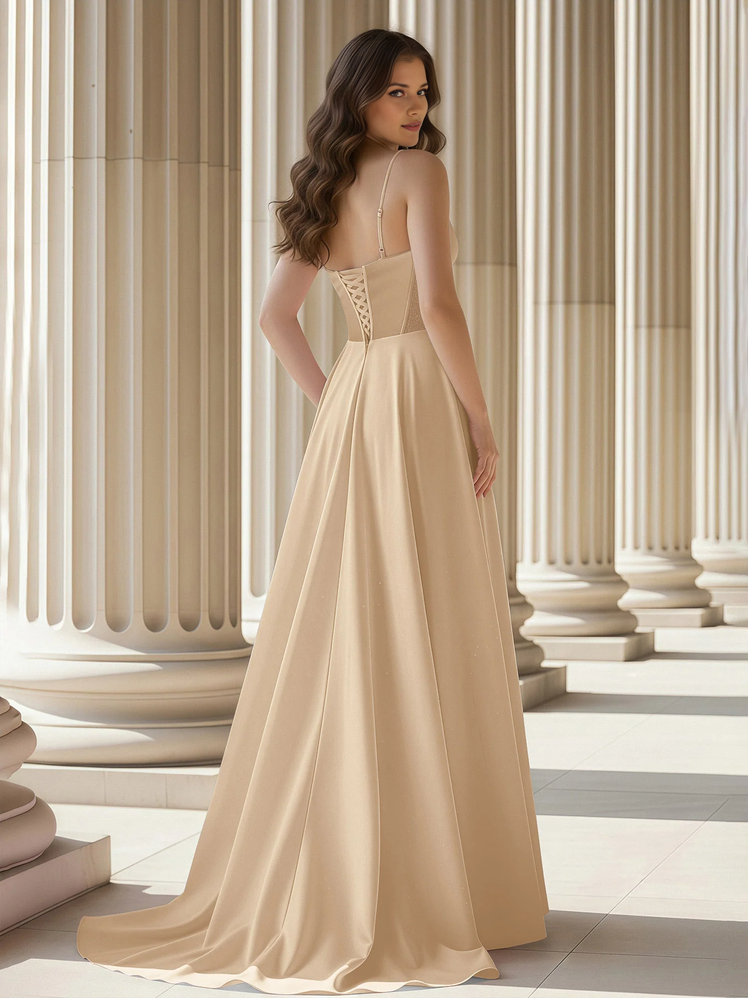 Vestido de Noche de Satén Acampanado con Corpiño Corsé de Tirantes y Cola - Vestido Formal para Fiesta de Graduación e Invitada de Boda