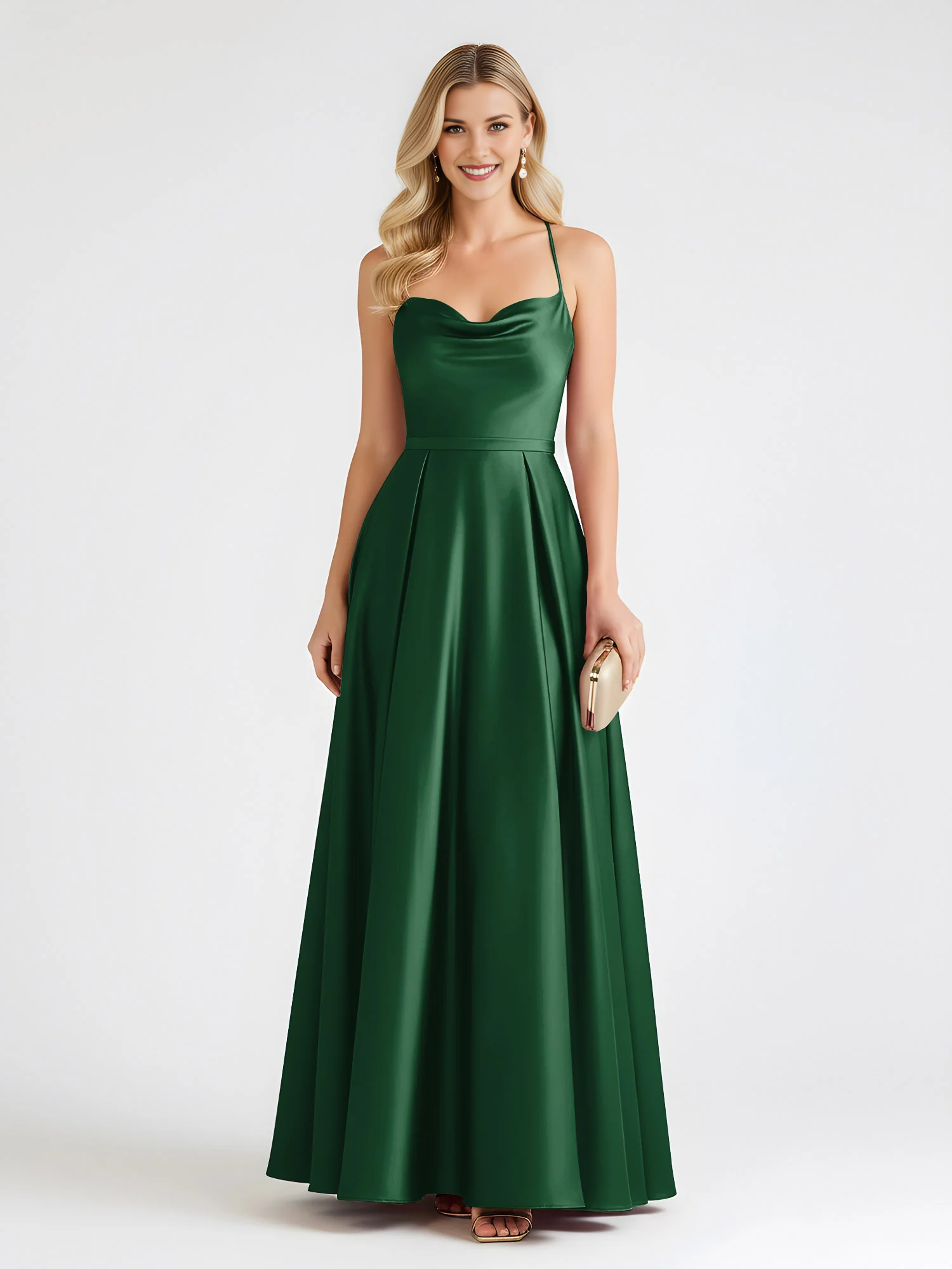 Spaghetti Strap Cowl Neck Satin A-Line Floor-Length Bridesmaid Dress with Crisscross Back