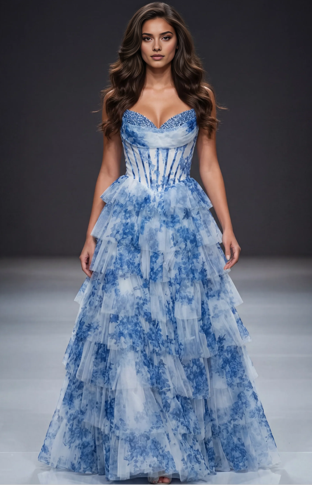 Vestido de fiesta de corte princesa en línea A con volantes, escote corazón, sin tirantes, espalda con cremallera y hasta el suelo