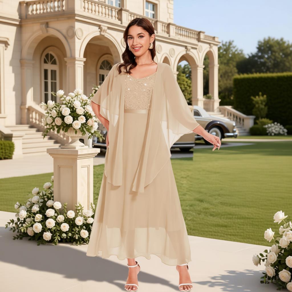 Champagne Chiffon Mother of the Bride Dress with Sheer Shawl - Ankle-Length Formal Gown for Wedding Guest