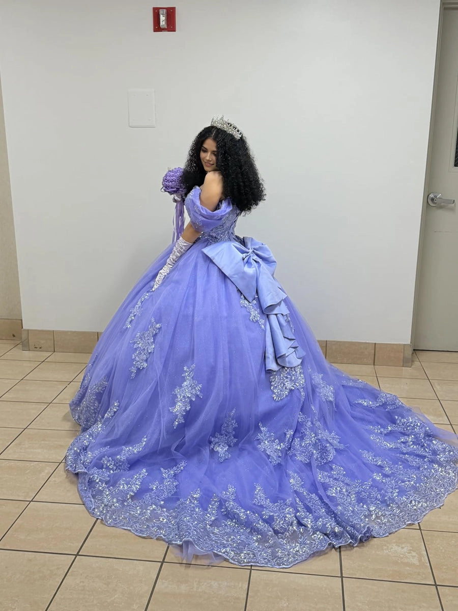 Off Shoulder Ball Gown Lace-Up Back Court Train Quinceanera Dress