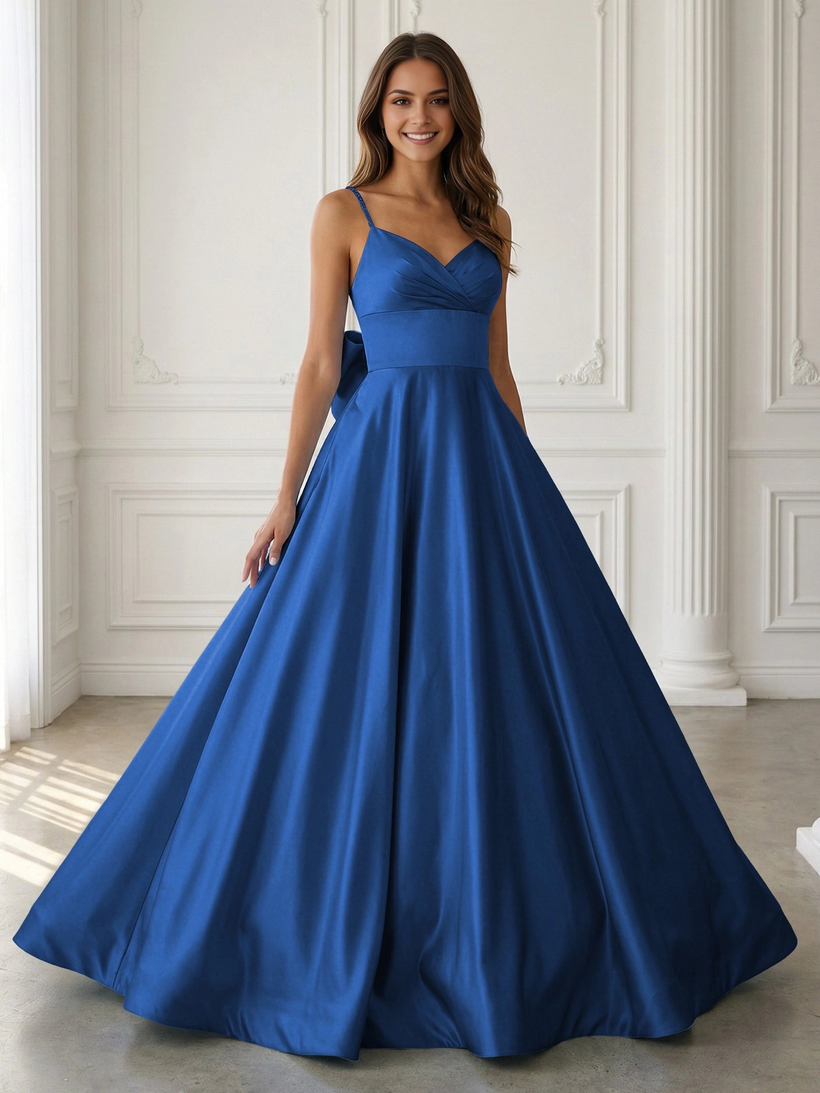 Elegant A‑Line V‑Neck Beaded‑Strap Sleeveless Bow‑Back Floor‑Length Prom Dress