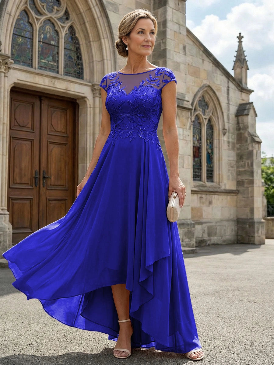 Delicate A‑Line Illusion Neck Cap Sleeve V‑Back High‑Low Mother Of The Bride Dress