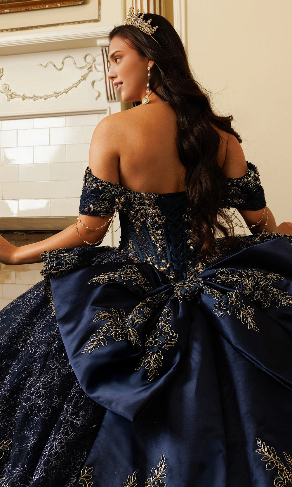 Regal Ball Gown Off‑Shoulder Chain Sleeve Lace‑Up Back Cathedral Train Quinceanera Dress