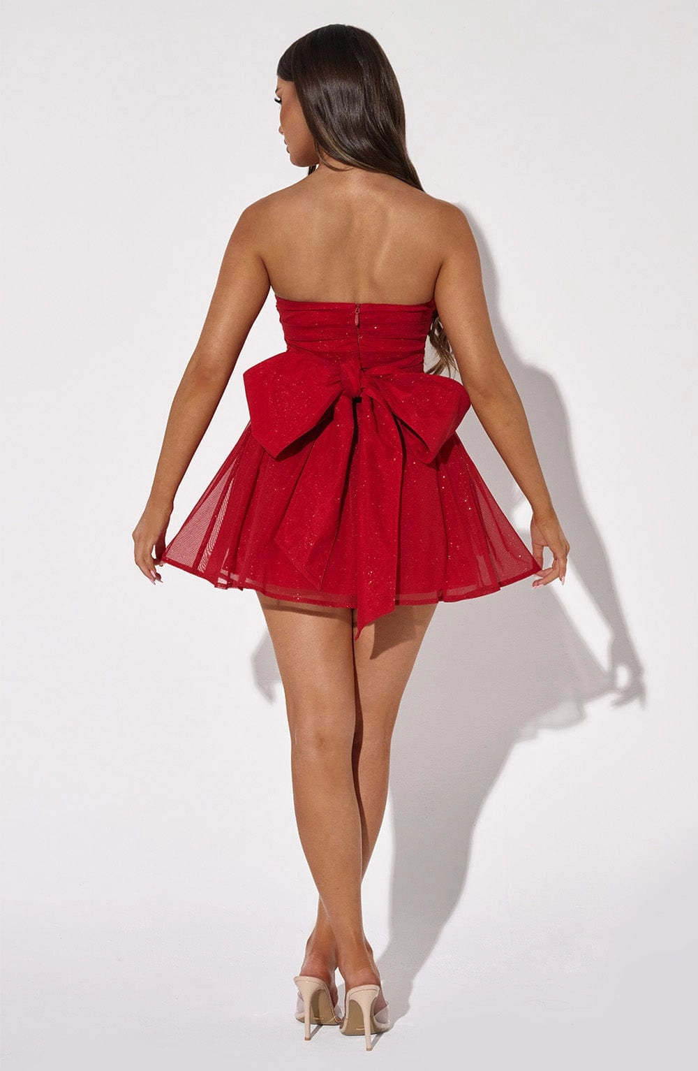 Glitter A-Line Strapless Sleeveless Bow Back Mini Homecoming Dress