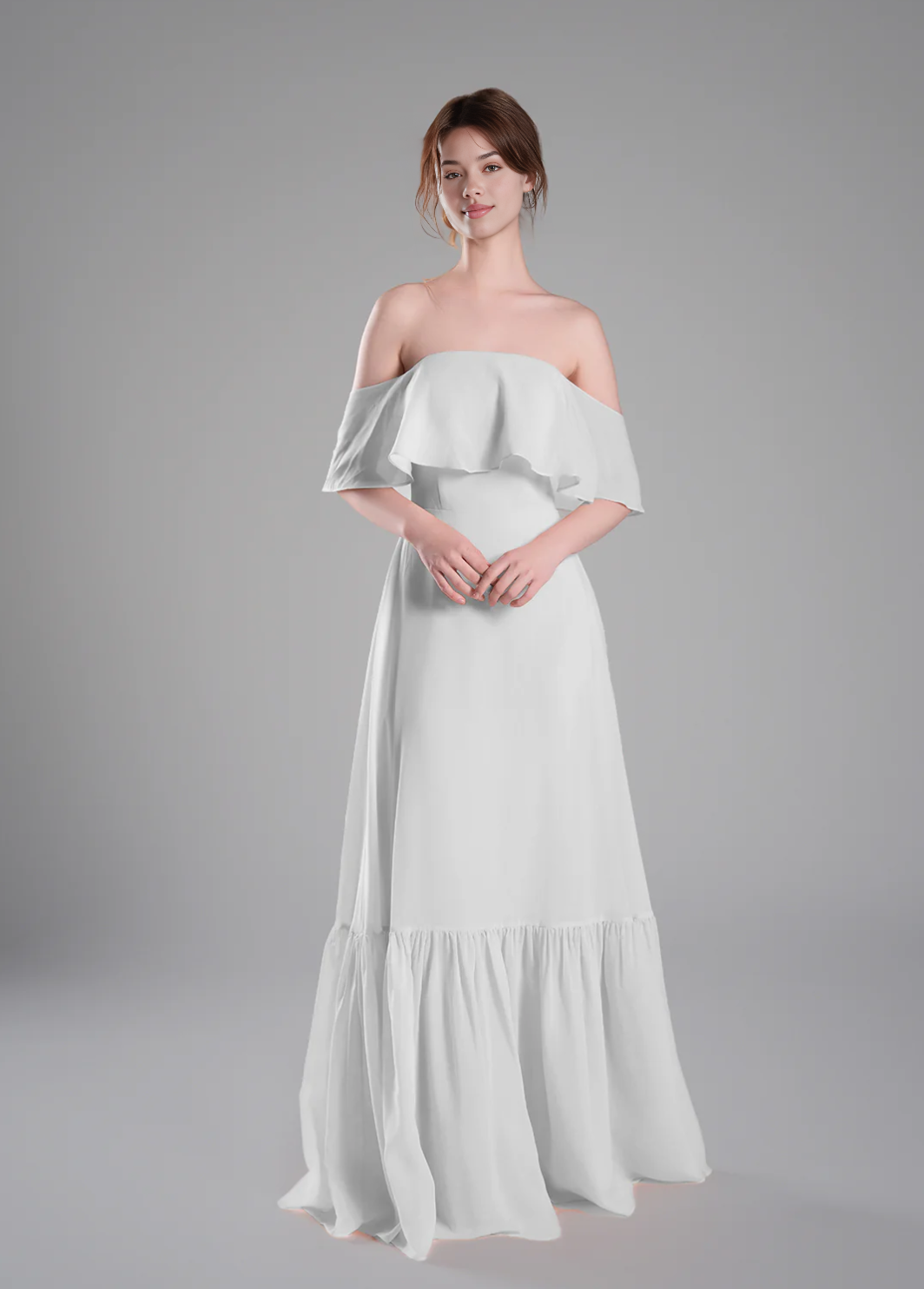 Elegant Tiered A-Line Chiffon Off-The-Shoulder Short Sleeve Open Back Bridesmaid Dresses