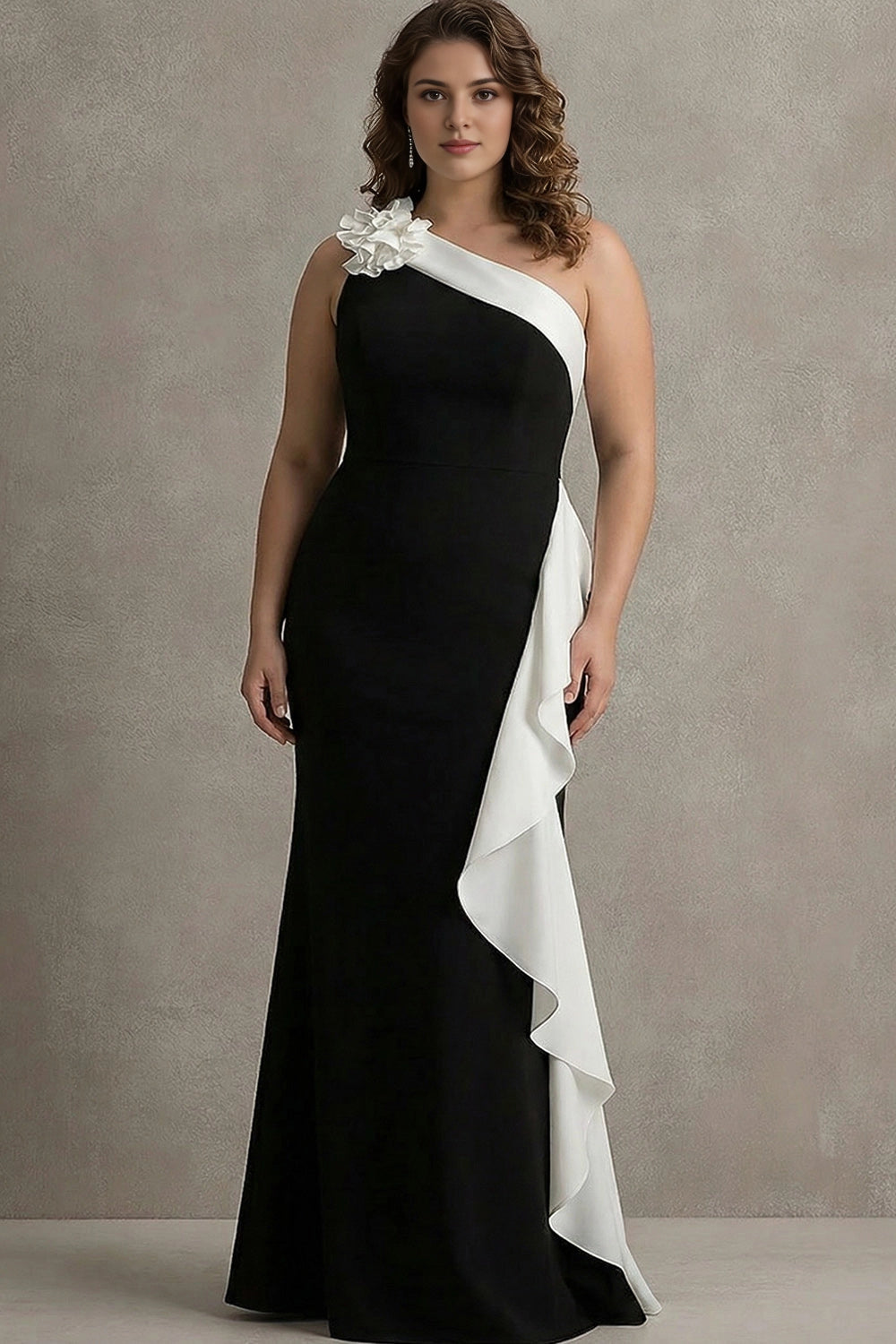 Black White Mermaid One Shoulder Closed Back Long Prom Dress