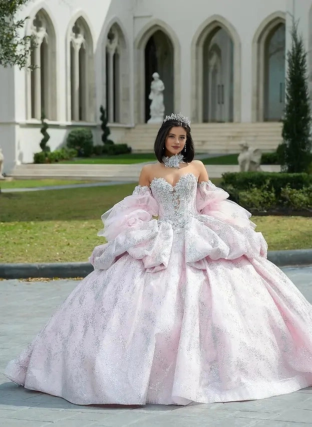 Sequined Ball Gown Sweetheart Off Shoulder Puff Sleeve Corset Train Quinceañera Dress