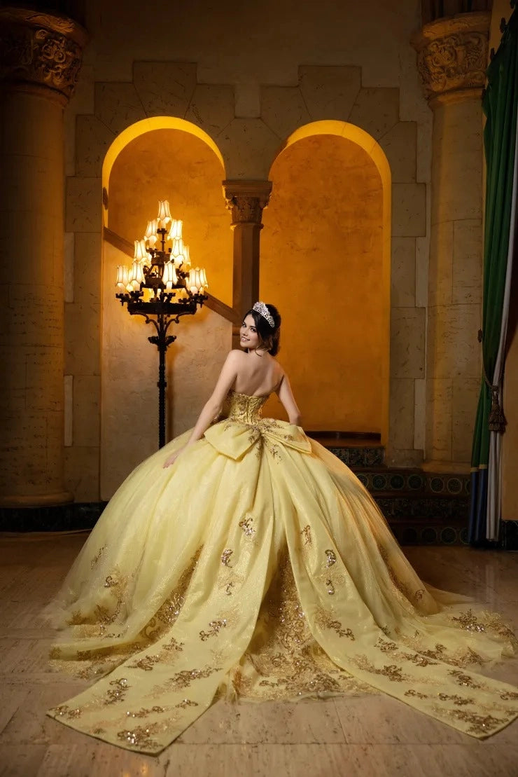 Pale Yellow Off Shoulder Ball Gown Lace-Up Back Court Train Quinceanera Dress
