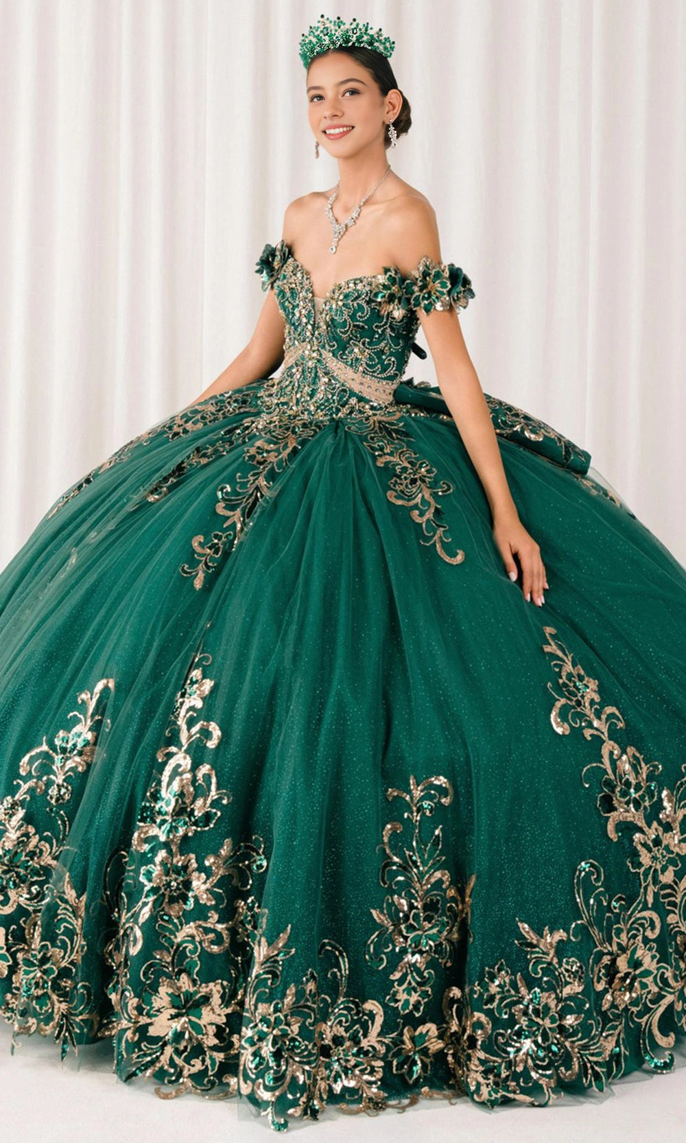 Glam Ball Gown Off‑Shoulder Floral Sleeve Lace‑Up Back Sweep Train Quinceanera Dress