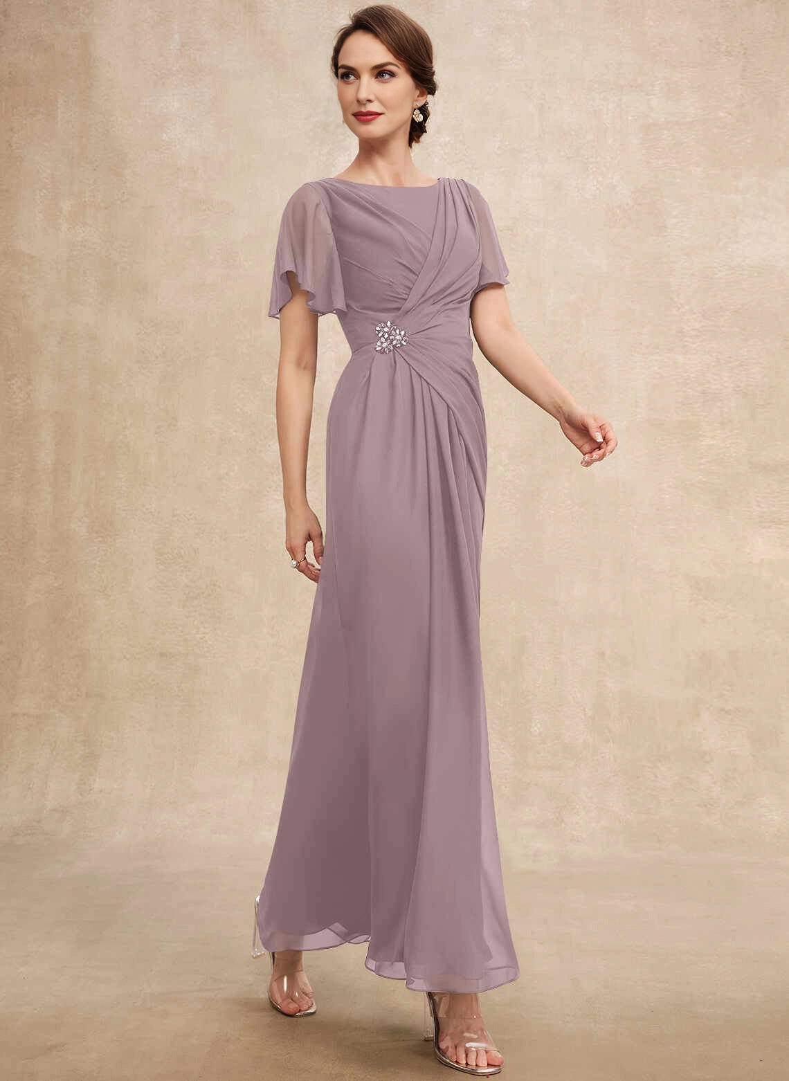 Classic A‑Line Bateau Flutter Sleeve Ruched Waist Long Mother Of The Bride Dress