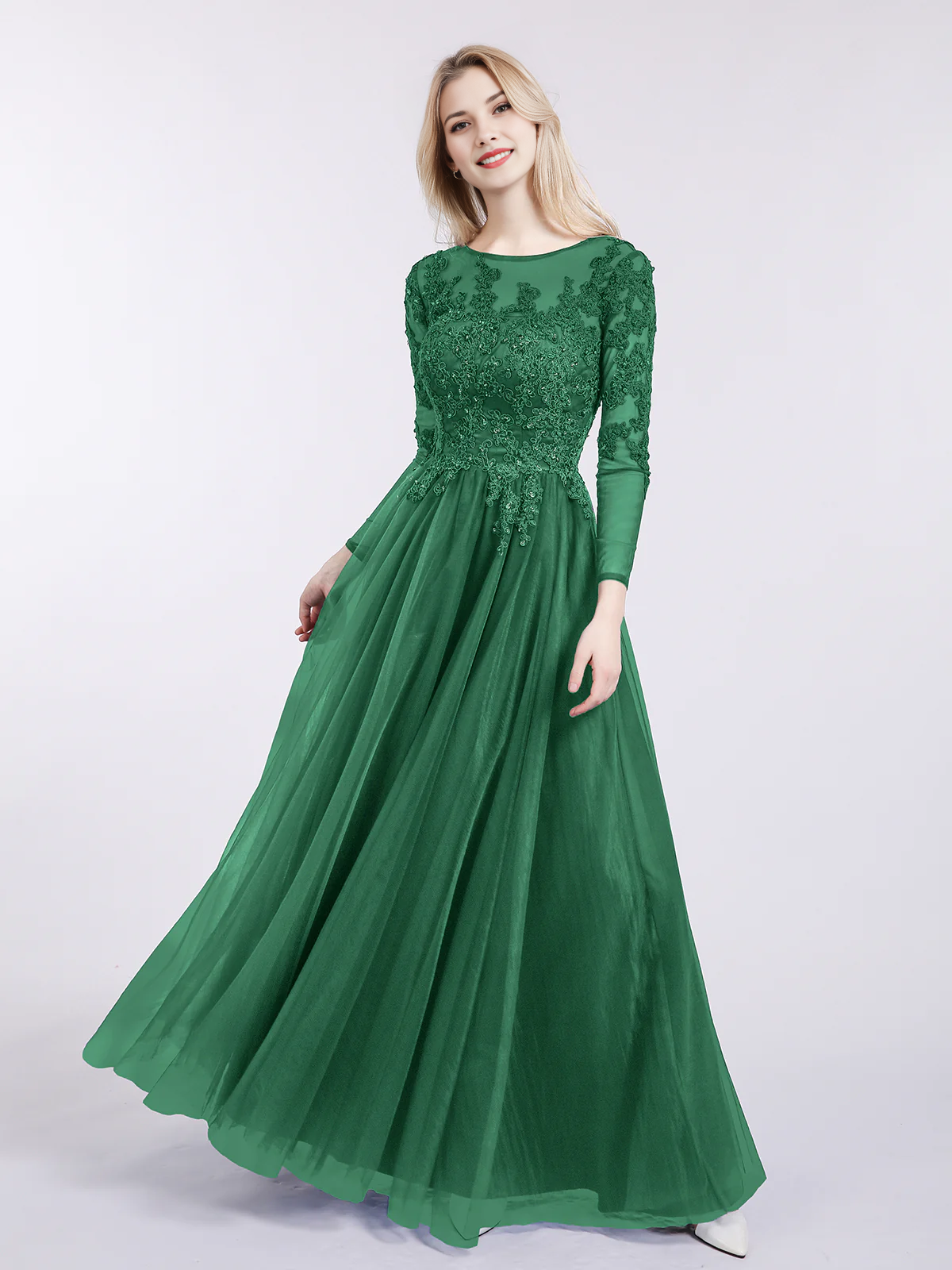 Round Neck Long Sleeve Lace Appliqué Tulle A-Line Floor-Length Bridesmaid Evening Dress