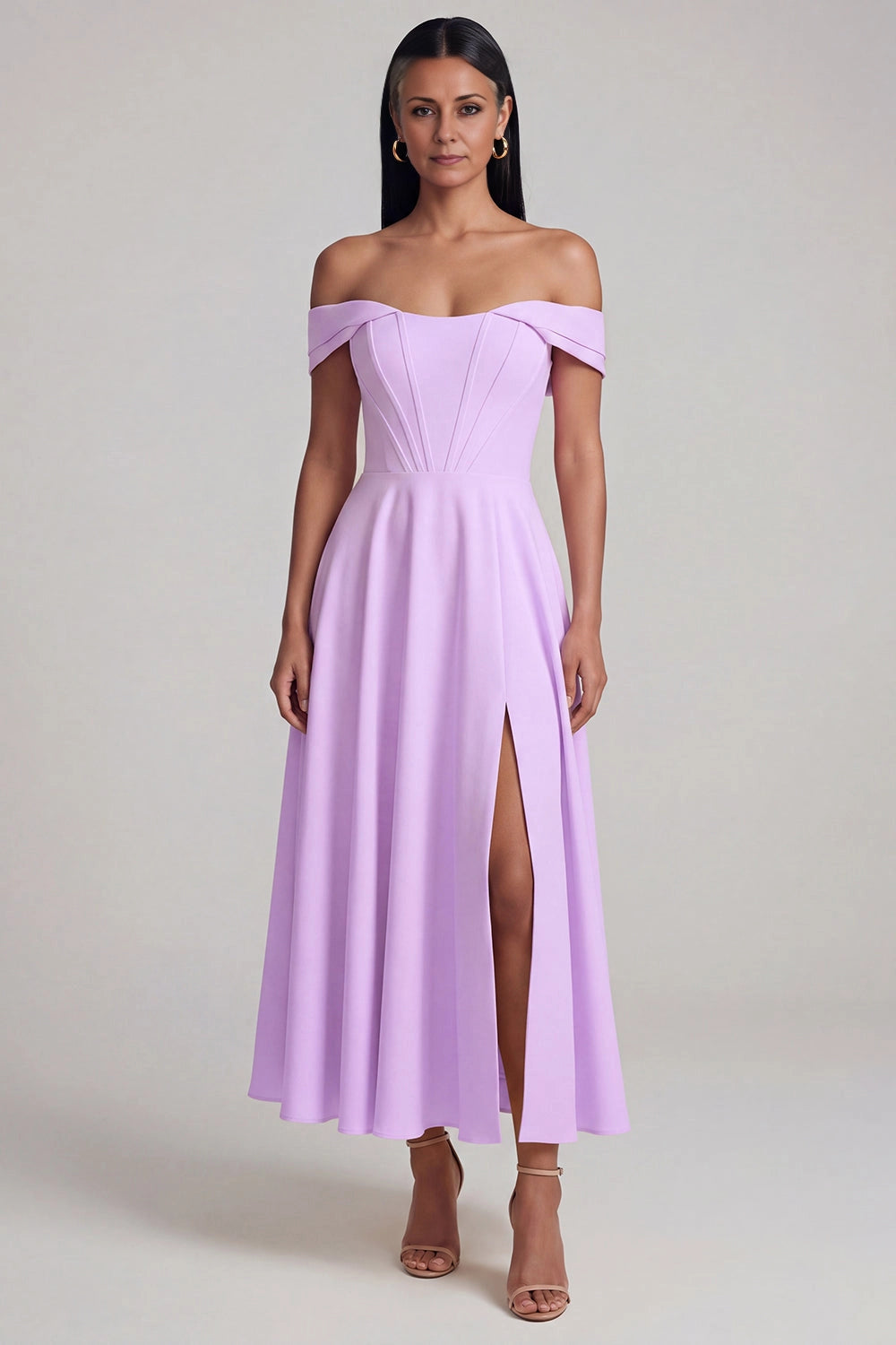 Charming A-Line Off Shoulder Short Sleeve Back Zip Midi Wedding Guest Dress