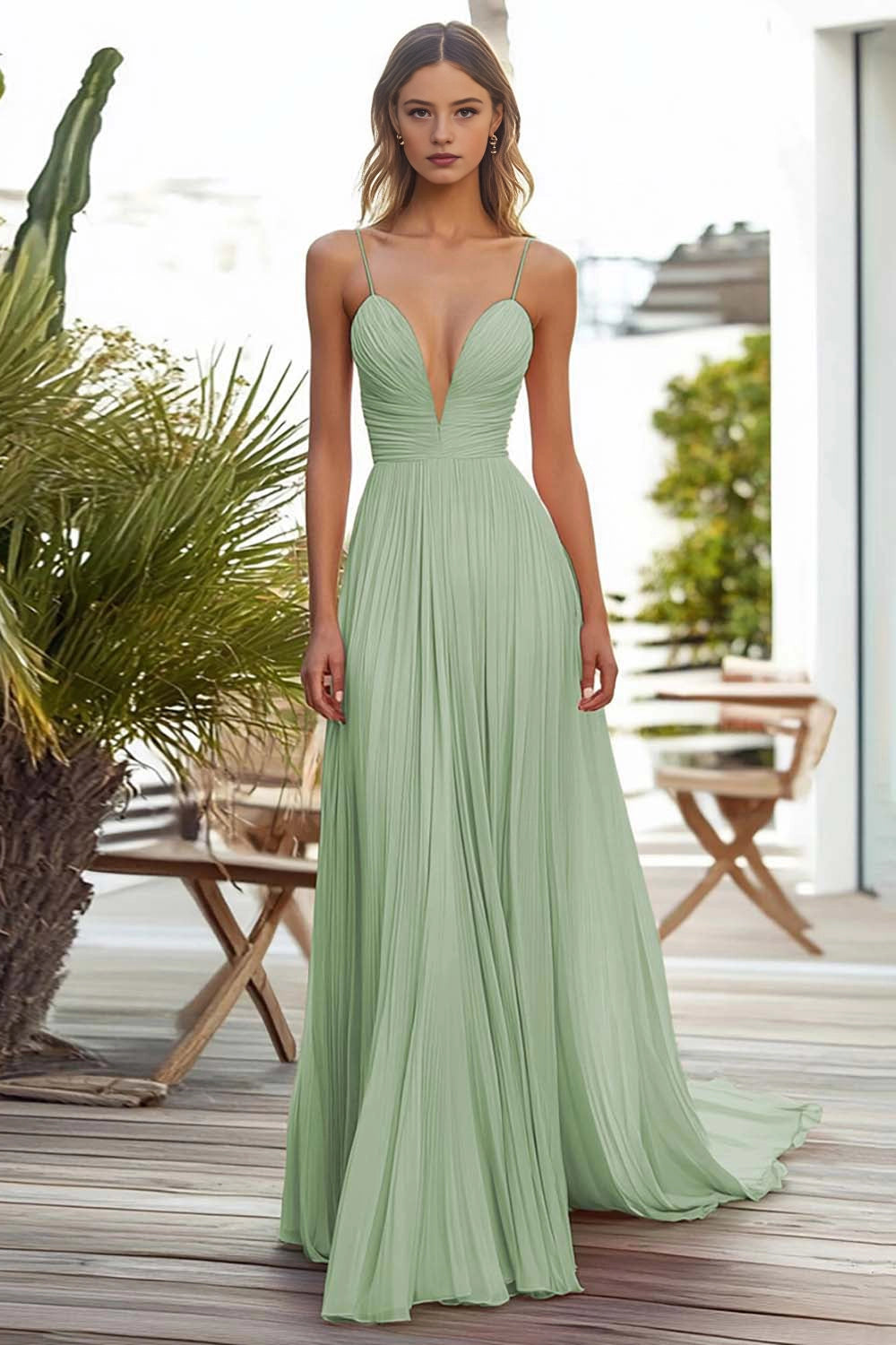 Pleated A Line V Neck Straps Lace Up Back Train Maxi Wedding Guest Dress