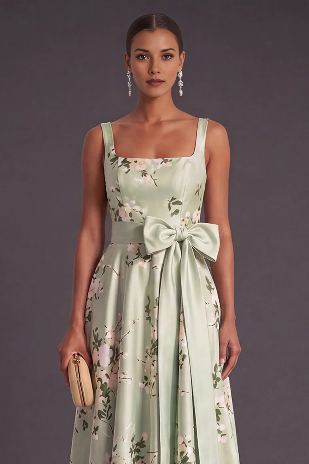 Square Neck Spaghetti Strap Floral Print Satin A-Line Maxi Dress with Big Sash Bow