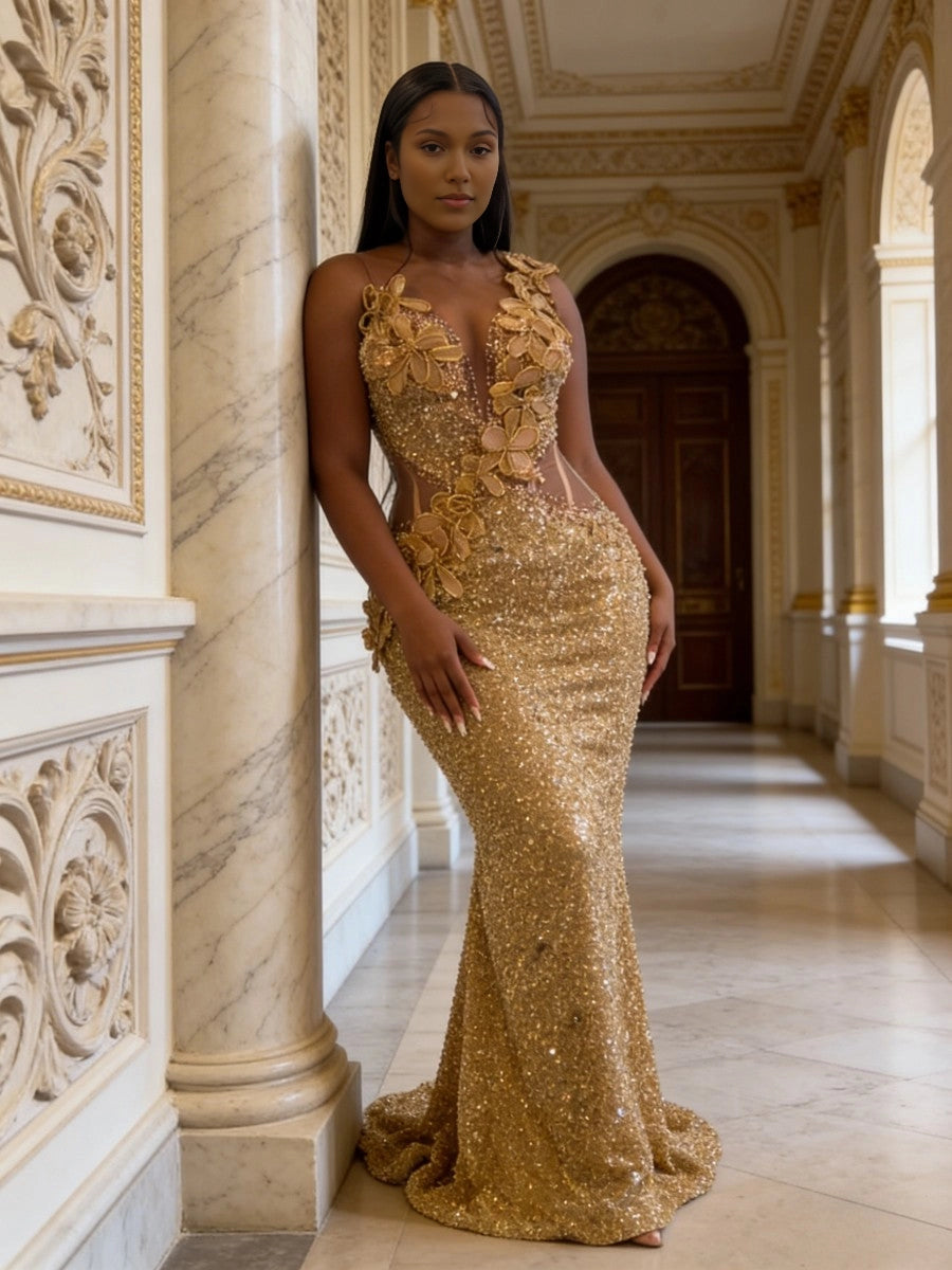 Luxurious Mermaid Plunging‑V Spaghetti‑Strap Corset‑Back Floor‑Length Plus Size Prom Dress