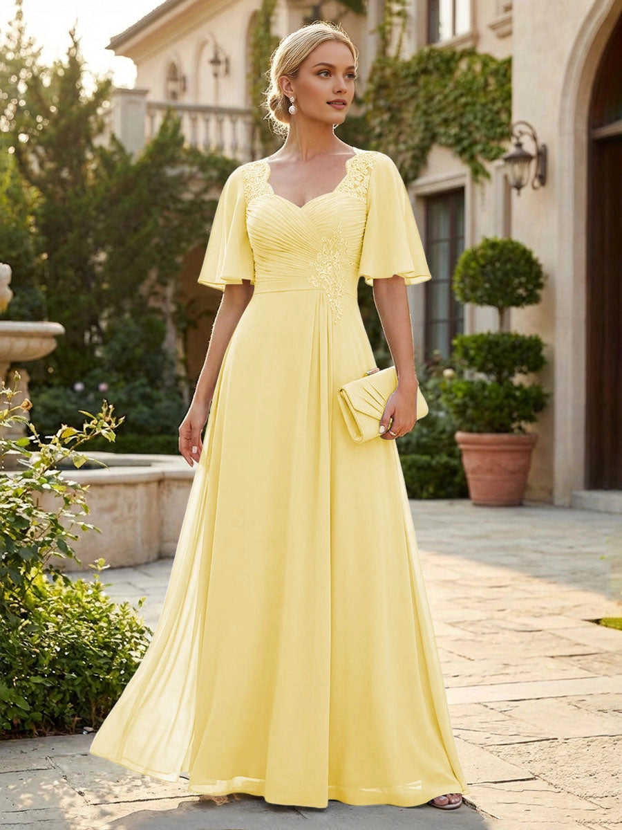 Graceful Dusty Blue A-Line Sweetheart Flutter-Sleeve Sweetheart-Back Floor-Length Mother Of The Bride Dress