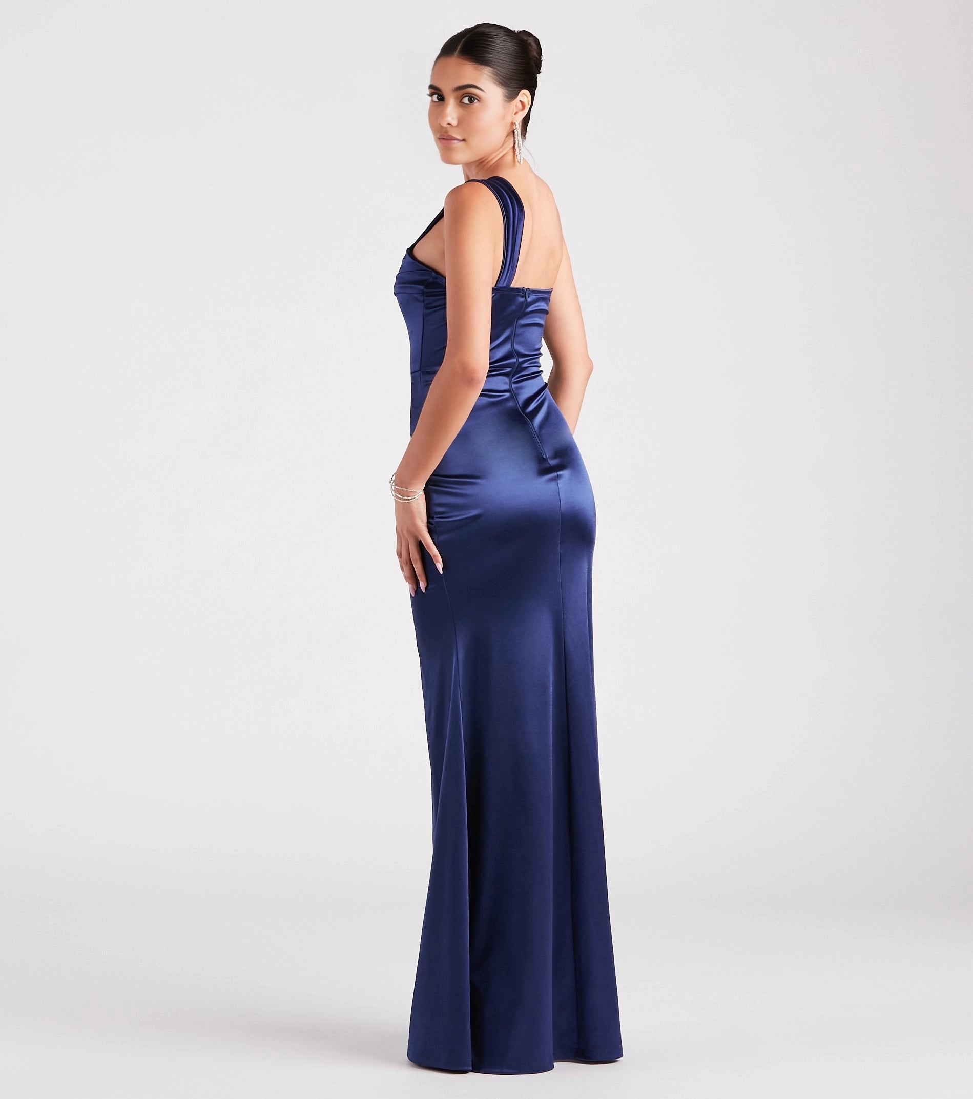 Champagne Mermaid One Shoulder Plain Back Slit Long Prom Dress