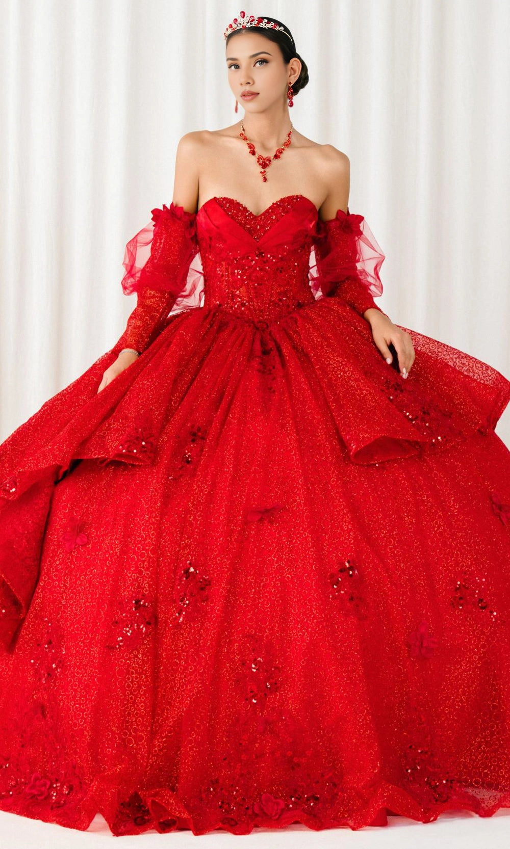 Dusty Pink Ball Gown Strapless Off‑Shoulder Puff Long Sleeves 3D Floral Big Bow Long Train Quinceanera Dress