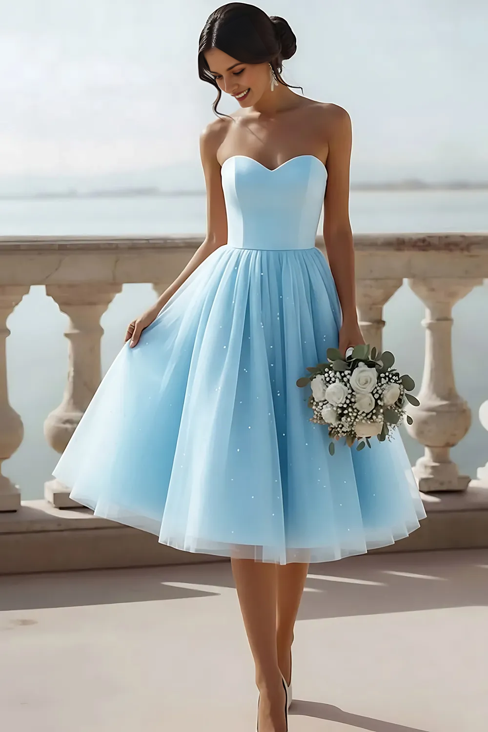 Strapless Sweetheart Corset Tulle Midi Dress with Sparkle Details