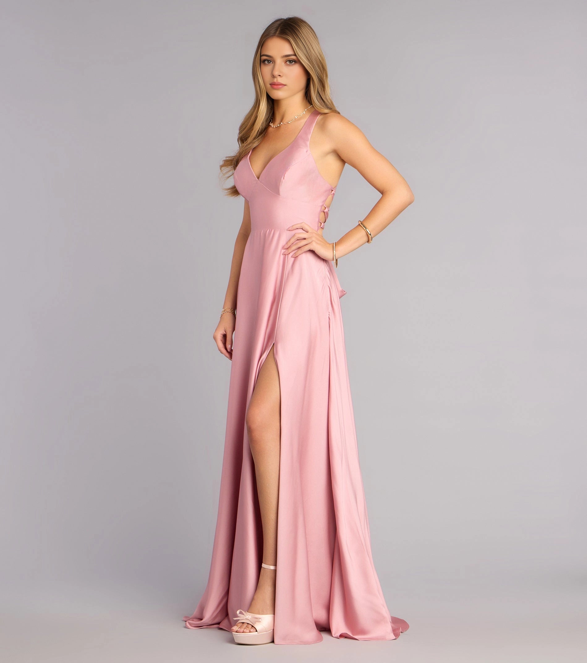 Navy A Line Halter Deep V Sleeveless Lace Up Back Slit Long Prom Dress