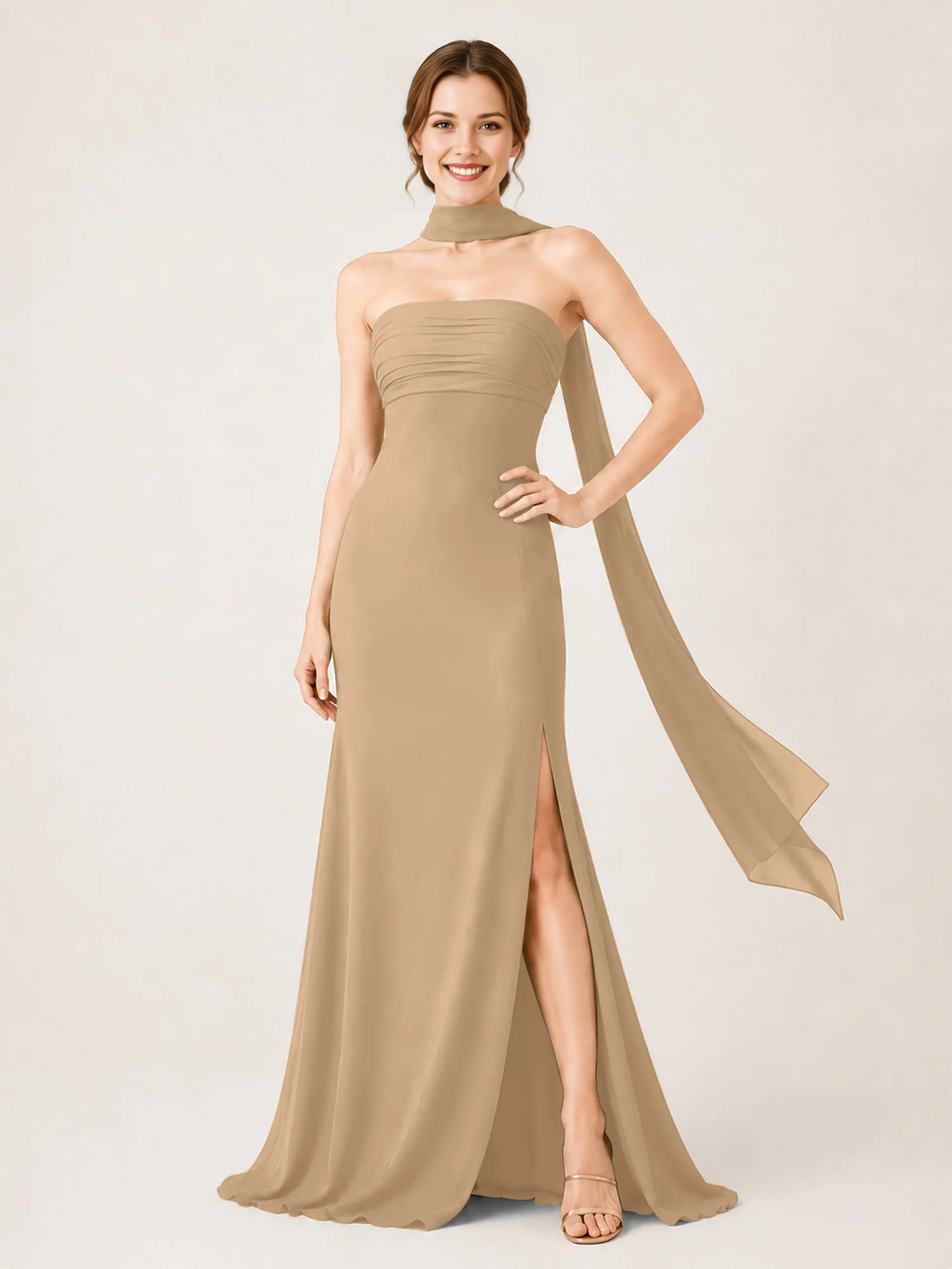 Strapless Ruched Chiffon Mermaid Bridesmaid Dress with Choker Scarf & High Slit