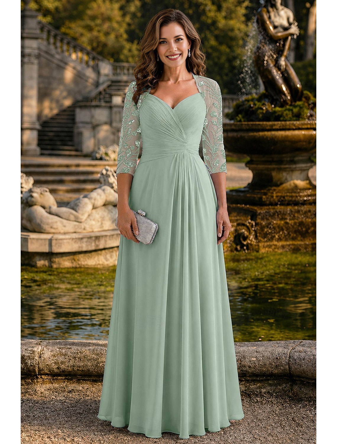 Sweetheart Neckline Beaded Illusion Three-Quarter Sleeve Chiffon A-Line Floor-Length Mother of the Bride Dress