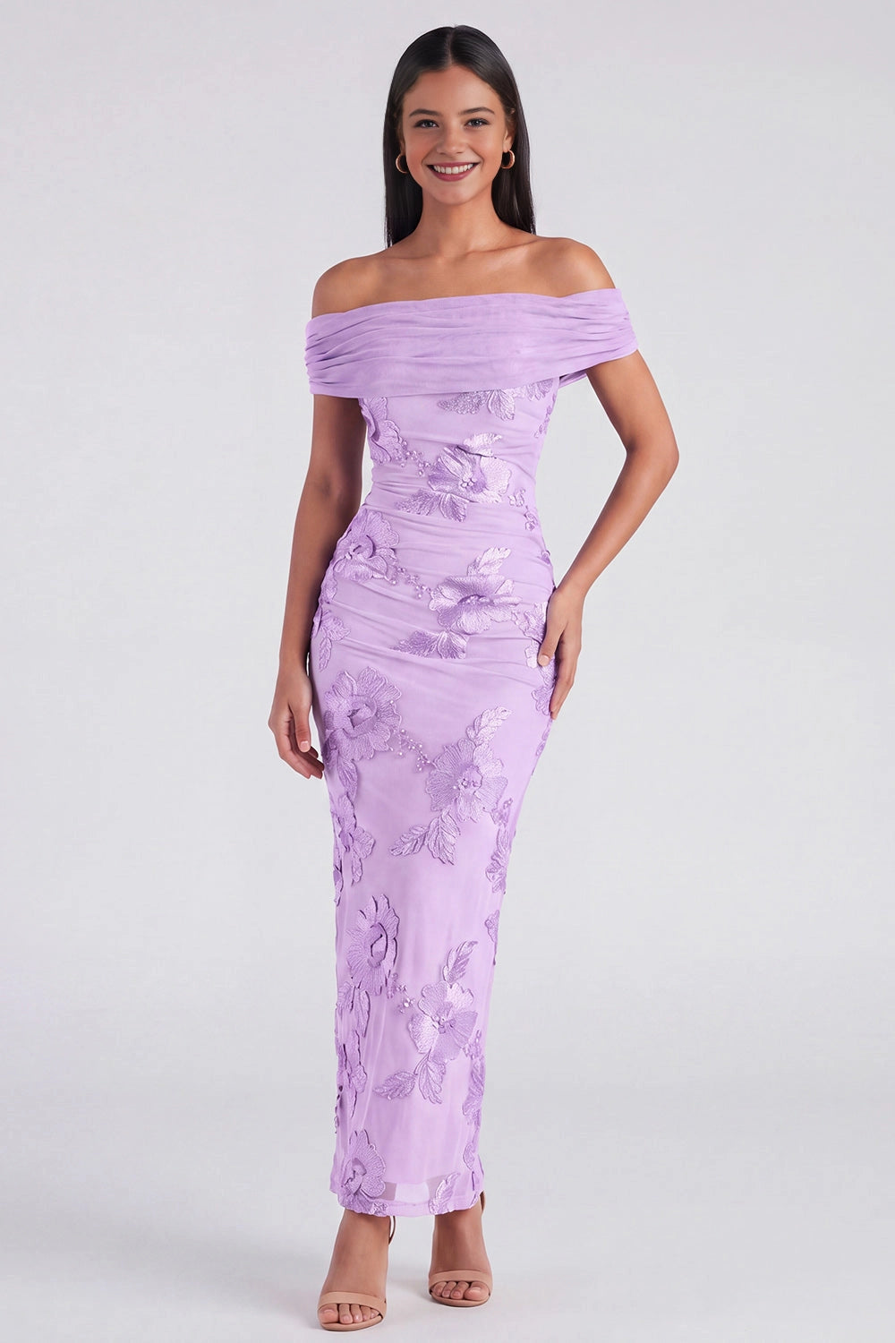 Embroidered Sheath Off-shoulder Sleeveless Zip Back Maxi Wedding Guest Dress