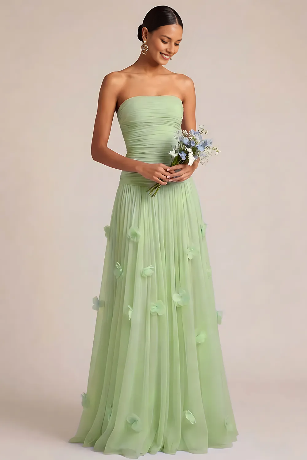 Strapless Ruched Bodice Tulle Gown with 3D Floral Appliqués