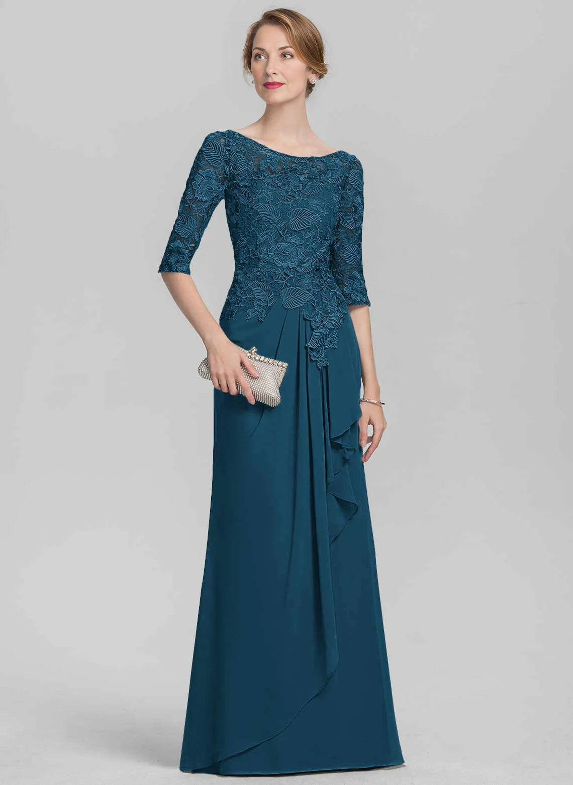 Slim‑Fit Sheath Bateau‑Neck Elbow‑Sleeve Zip‑Back Floor‑Length Mother Of The Bride Dress