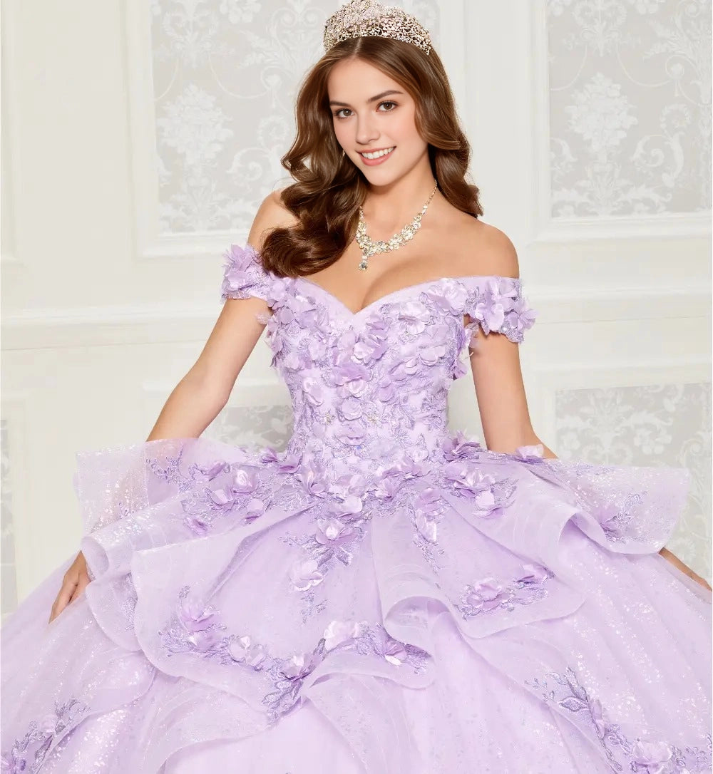 Dreamy Ball Gown Off-Shoulder Short Sleeve Lace-Up Back Court Train Quinceanera Dress